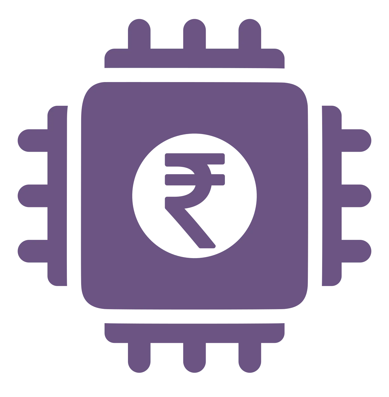 Purple microchip icon with an Indian rupee symbol in the center, ideal for enhancing Product Pages.
