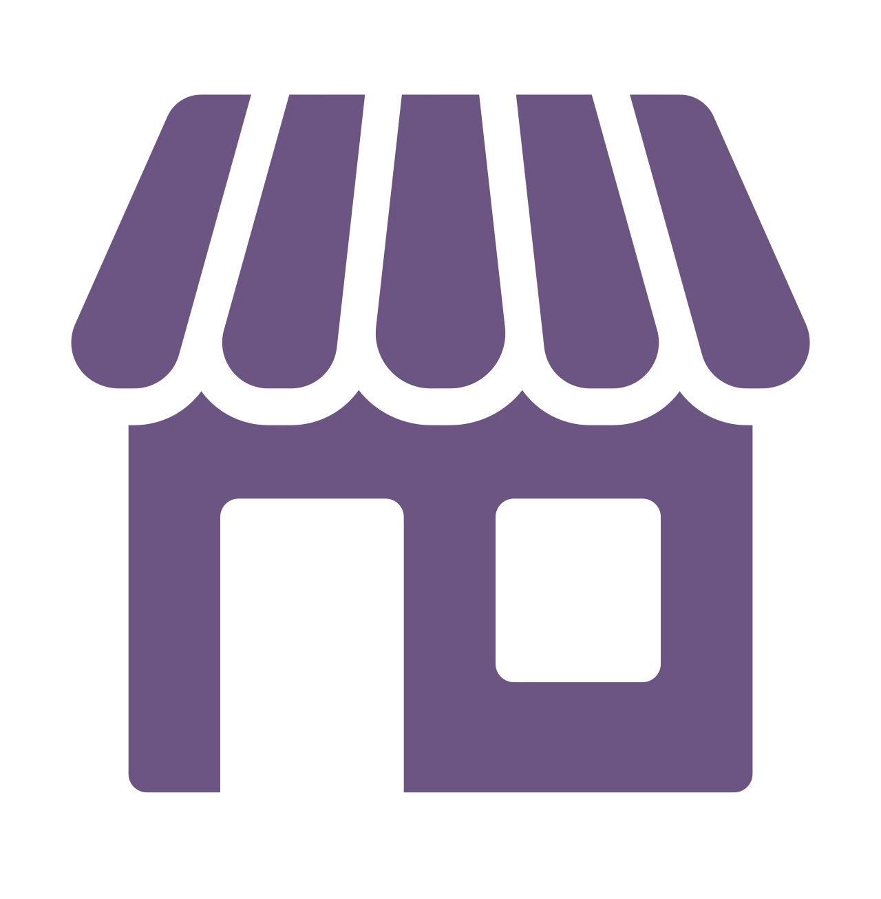 A simple purple icon of a storefront with an awning, featuring a large doorway and a square window, perfect for representing various industries on product pages or in any relevant section.