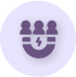 Three stylized figures in a circle, with a lightning bolt symbol in the center, representing group energy or teamwork.