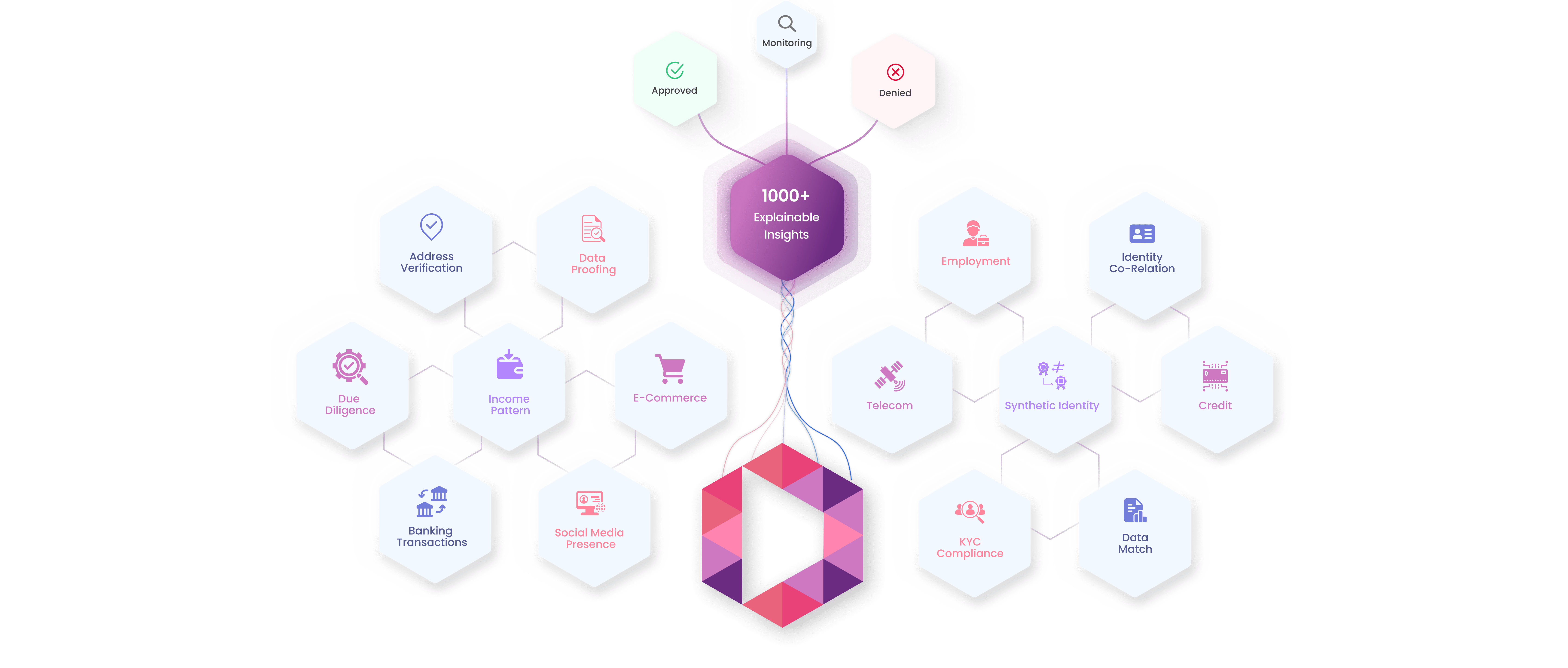 Hexagonal shapes connected to a central hub labeled "1000+ Experian data insights", showing services like Address Verification, Income Pattern, E-Commerce, Fraud Detection, Employment, Telecom, etc.