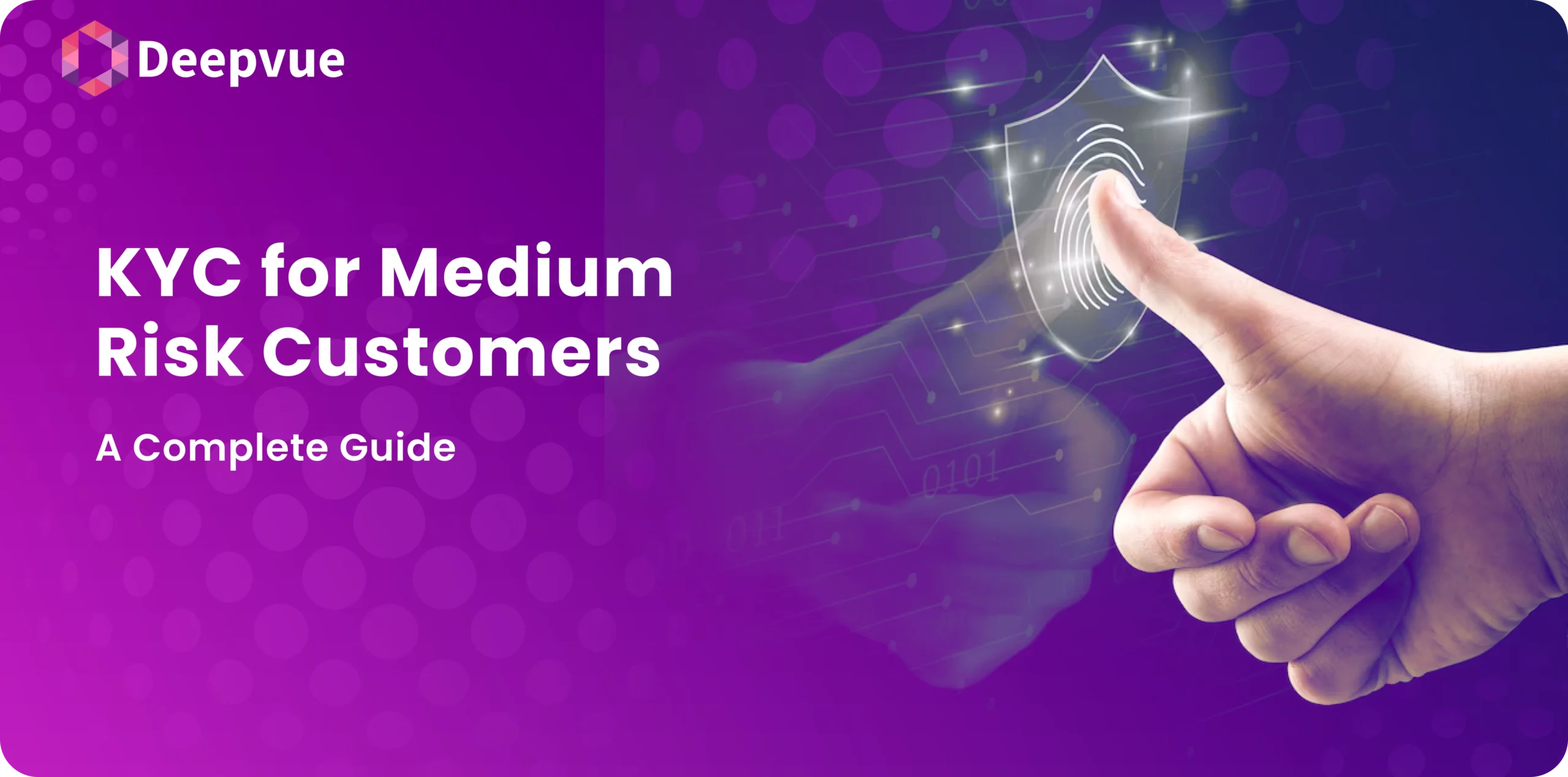 Finger pressing a digital shield with a fingerprint icon on a purple background. Text reads, "KYC for Medium Risk Customers - A Complete Guide.