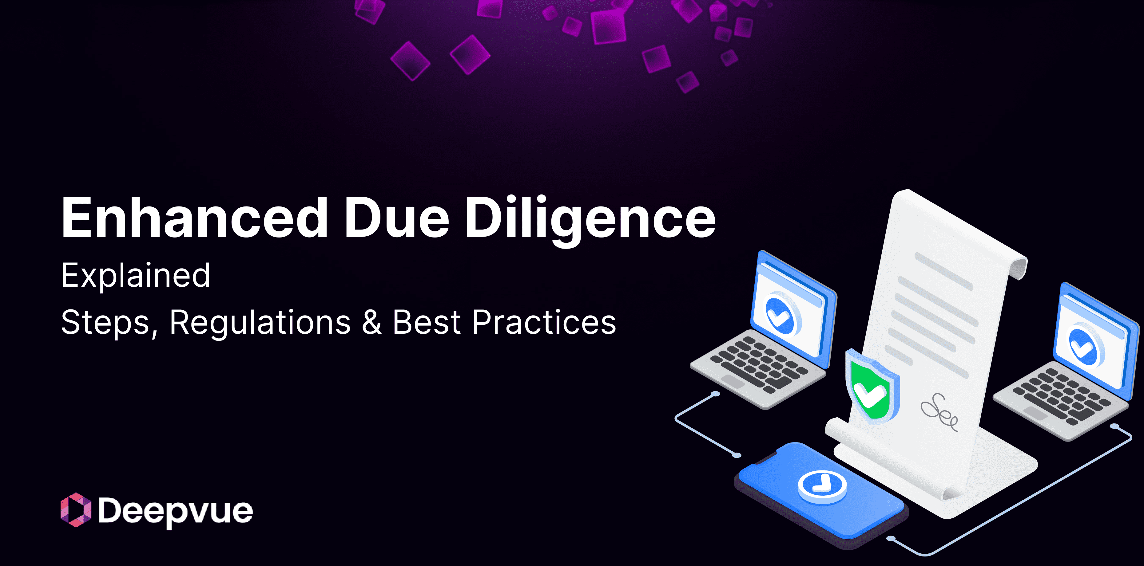 A digital graphic with the text "Enhanced Due Diligence Explained: Steps, Regulations & Best Practices" beside illustrated laptops, a smartphone, and a document. Deepvue logo in the corner.