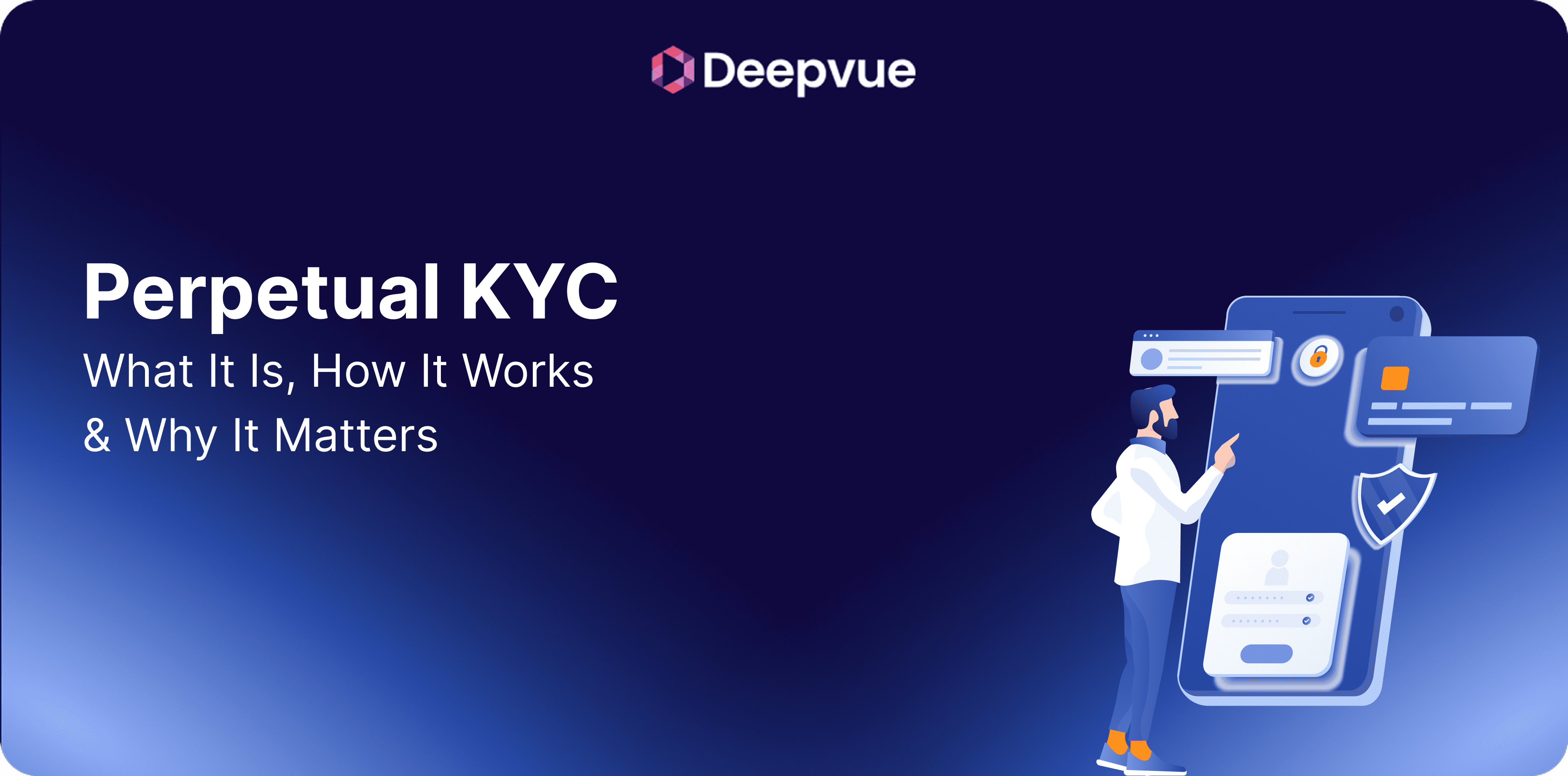 A man stands in front of a large smartphone with security icons. Text reads: "Perpetual KYC: What It Is, How It Works & Why It Matters." Deepvue logo is at the top.