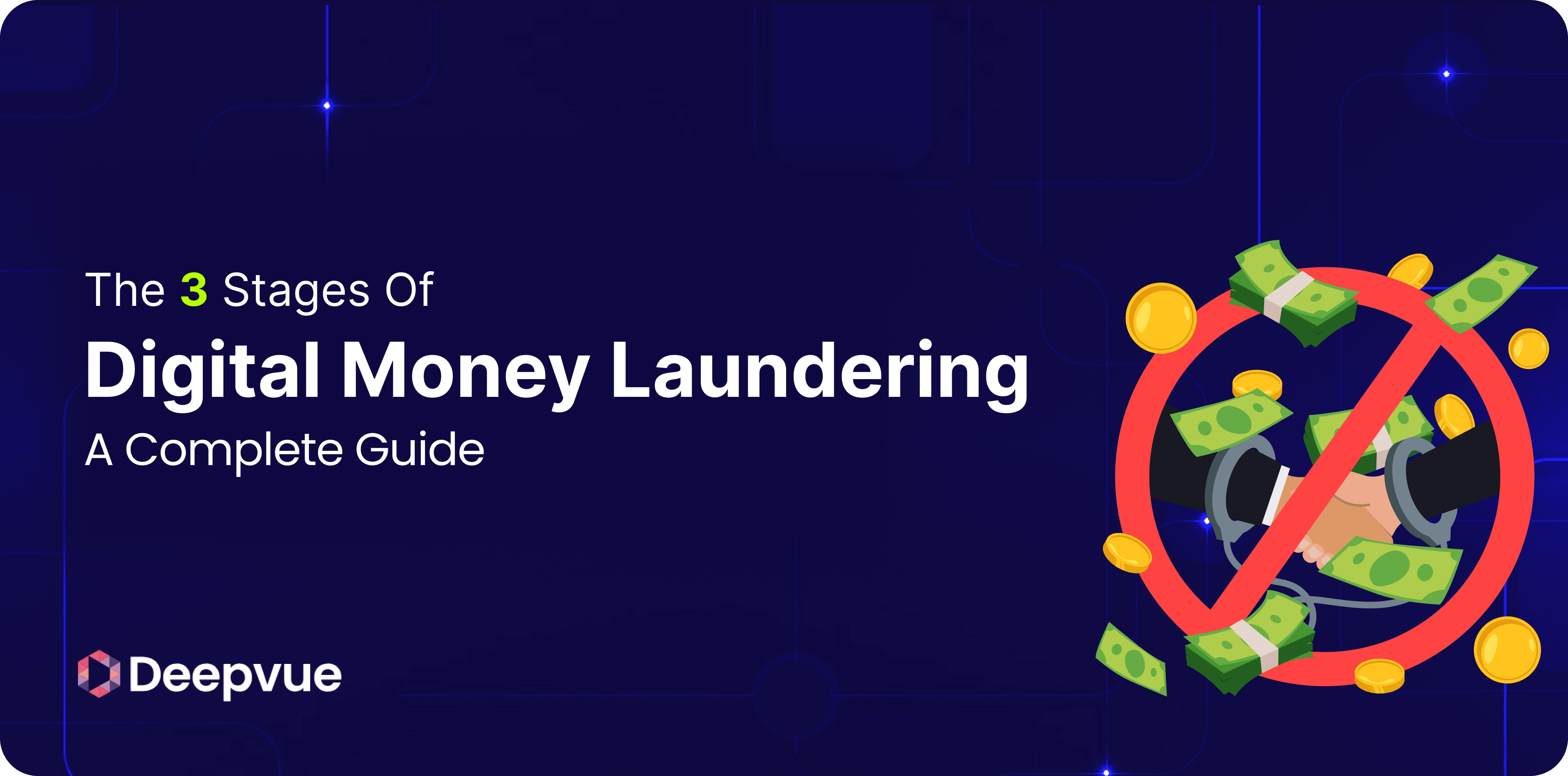 A graphic with the text "The 3 Stages of Digital Money Laundering: A Complete Guide," featuring money, coins, and a prohibited symbol over a masked figure.