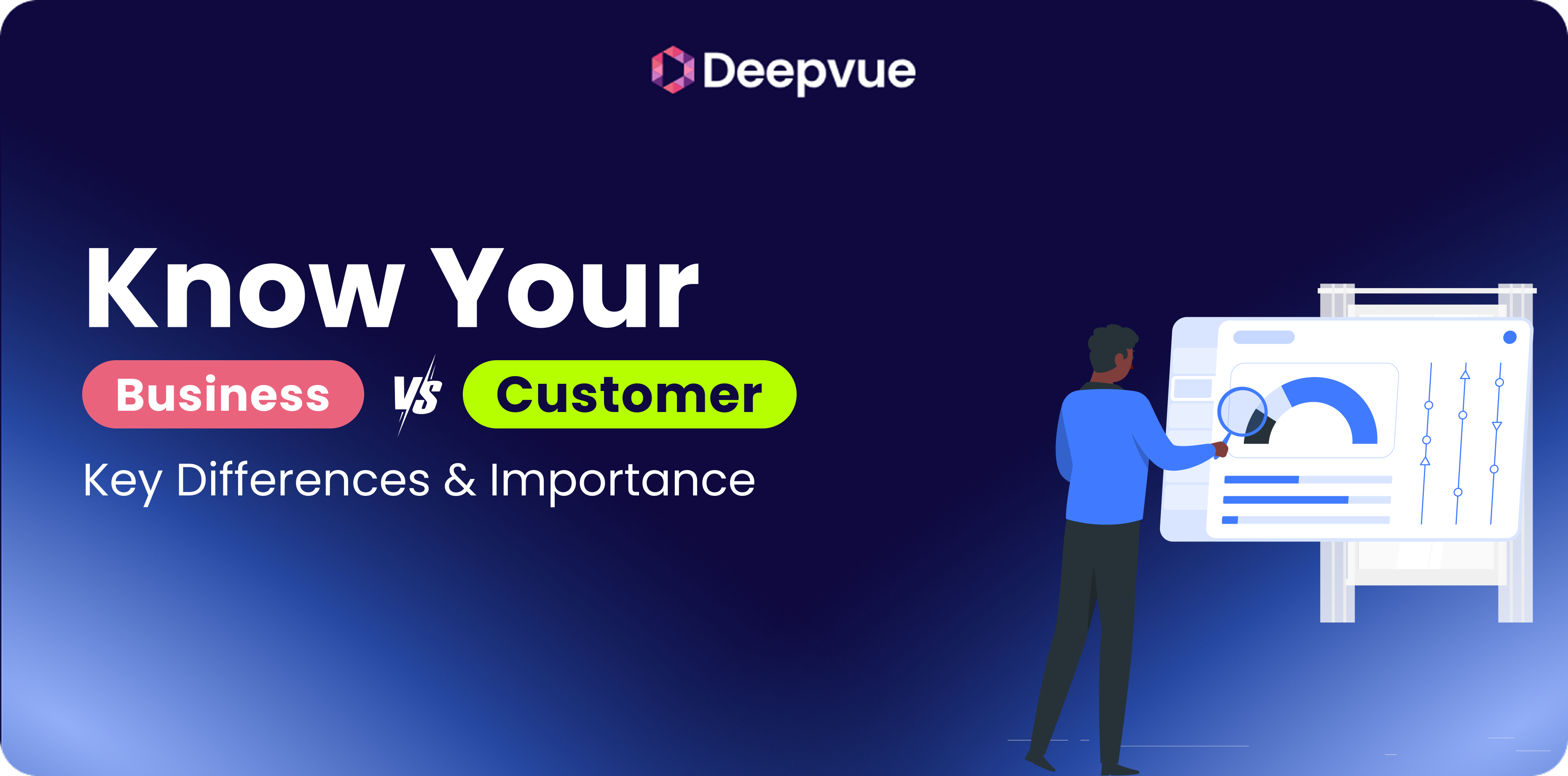 A person analyzes charts on a board; text reads “Know Your Business vs Customer: Key Differences & Importance” with Deepvue logo above.