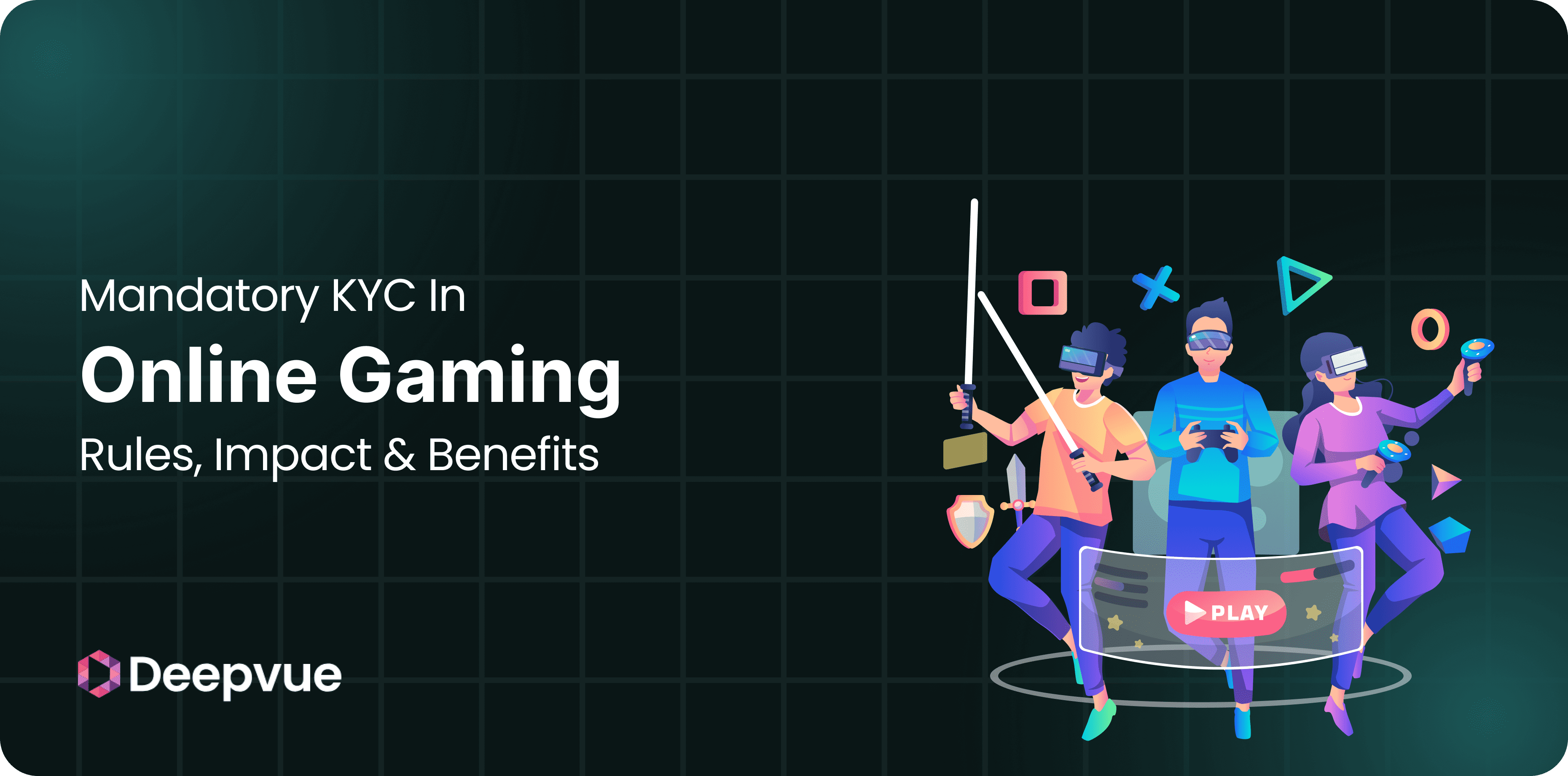 Three people wearing VR headsets play video games; text reads "Mandatory KYC in Online Gaming: Rules, Impact & Benefits." Deepvue logo is displayed at the bottom.