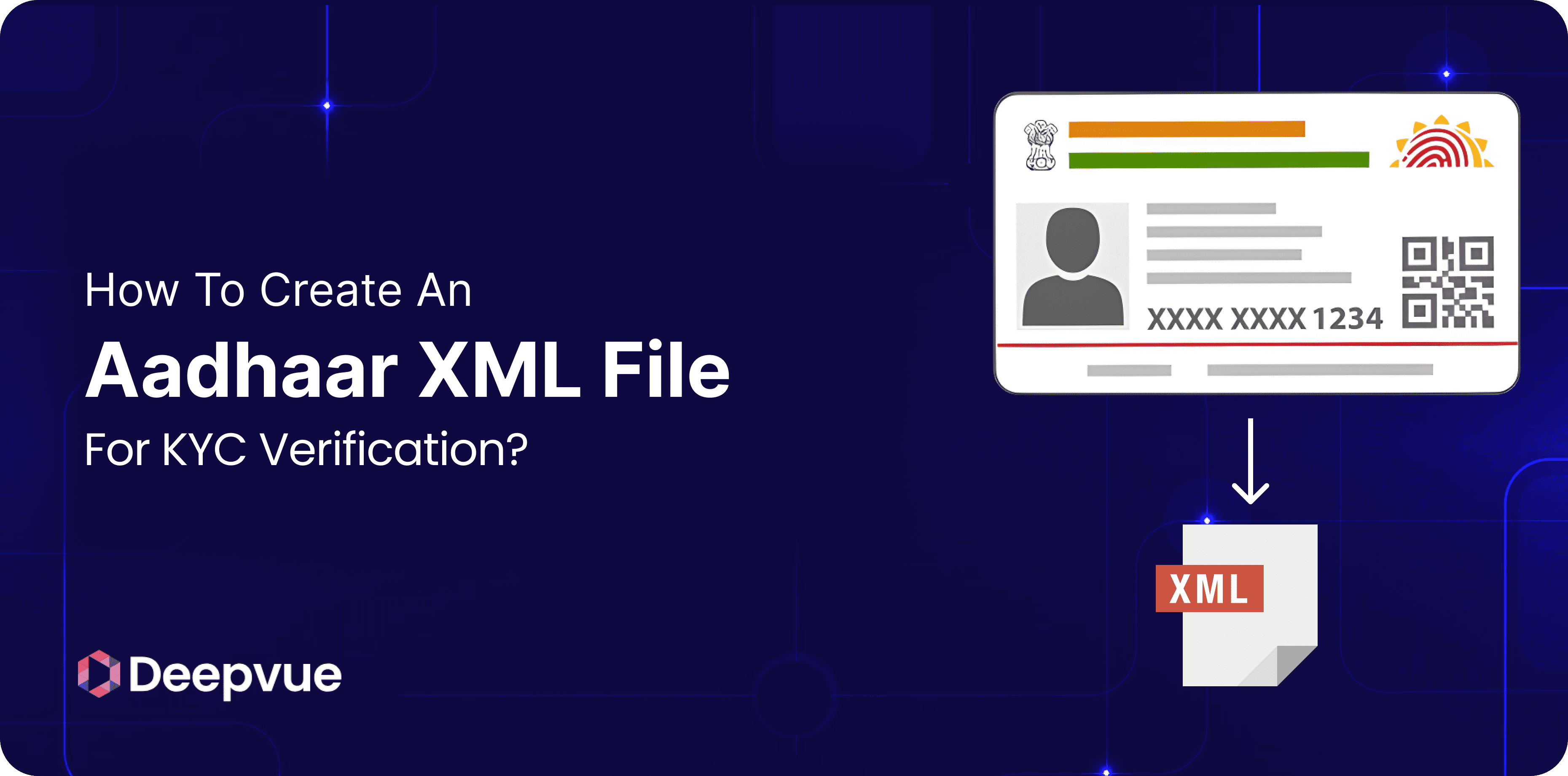 A digital illustration explains how to create an Aadhaar XML file for KYC verification, featuring an Aadhaar card image and an XML file icon.