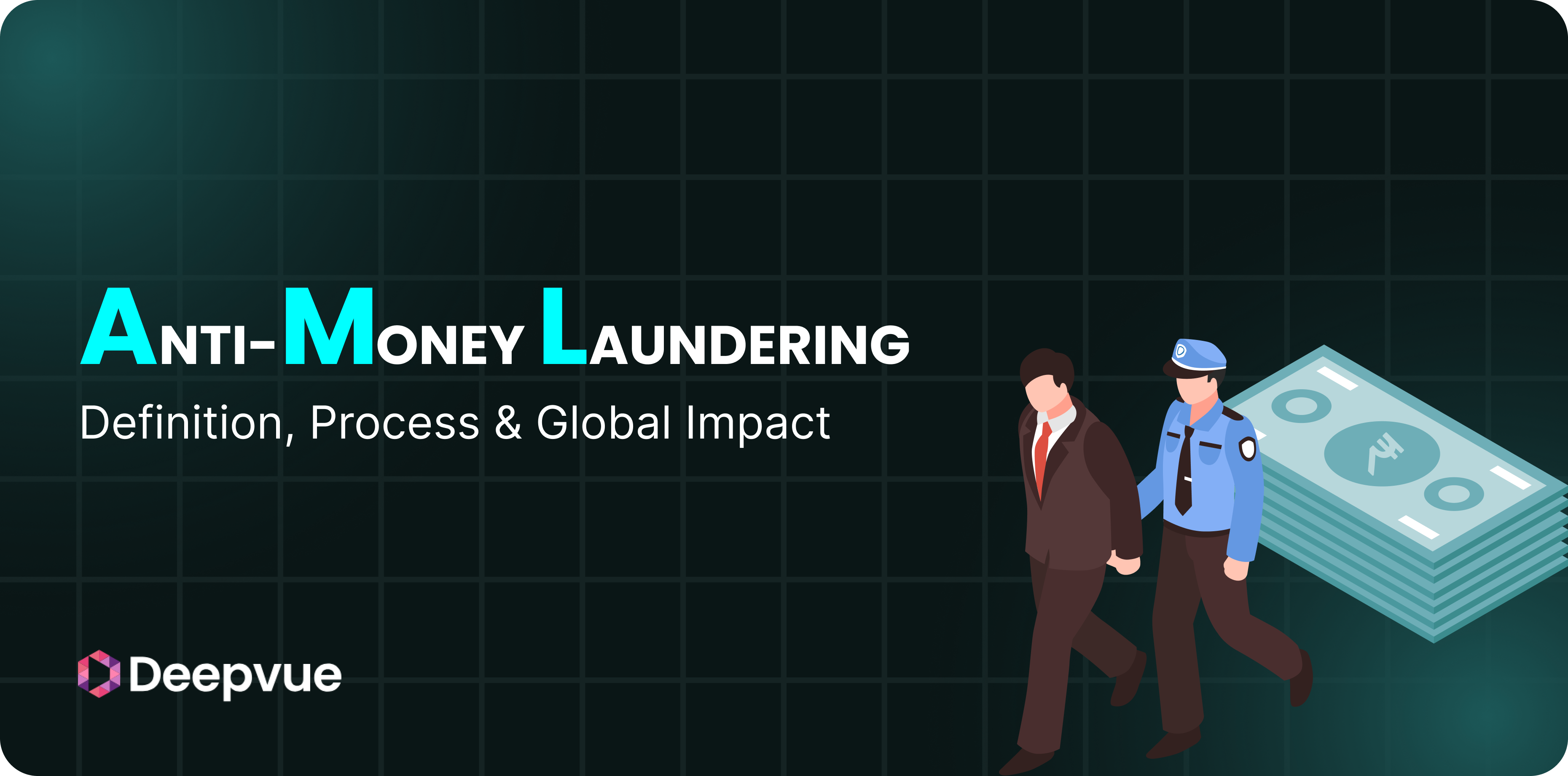 A police officer leads a man in a suit past a stack of money, with the text "Anti-Money Laundering: Definition, Process & Global Impact" and the Deepvue logo.
