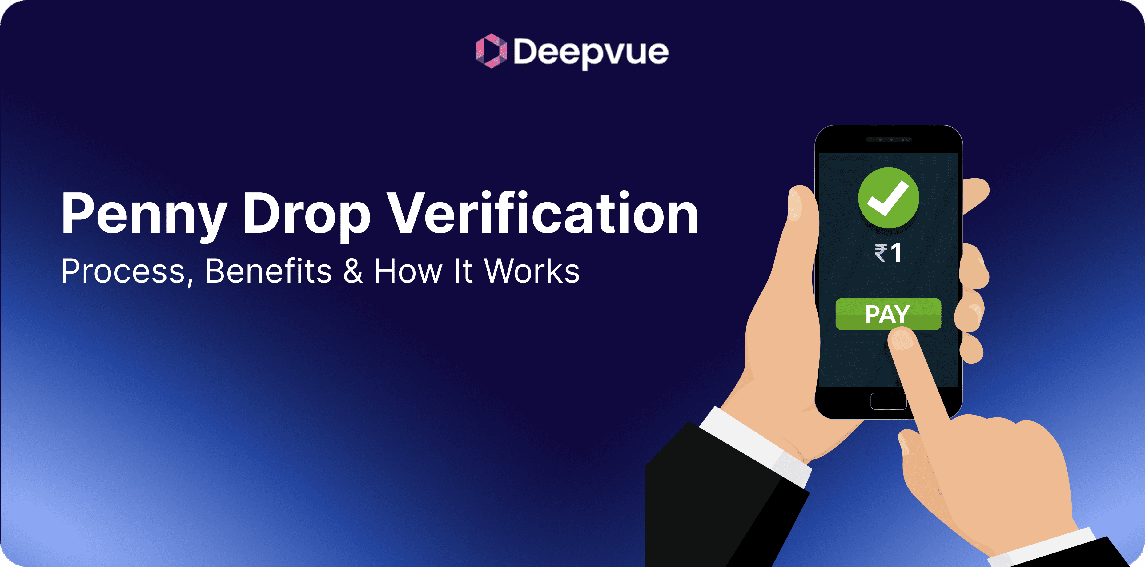A hand holding a smartphone displays a check mark, ₹1, and a "PAY" button, with the text "Penny Drop Verification: Process, Benefits & How It Works" on a blue background.