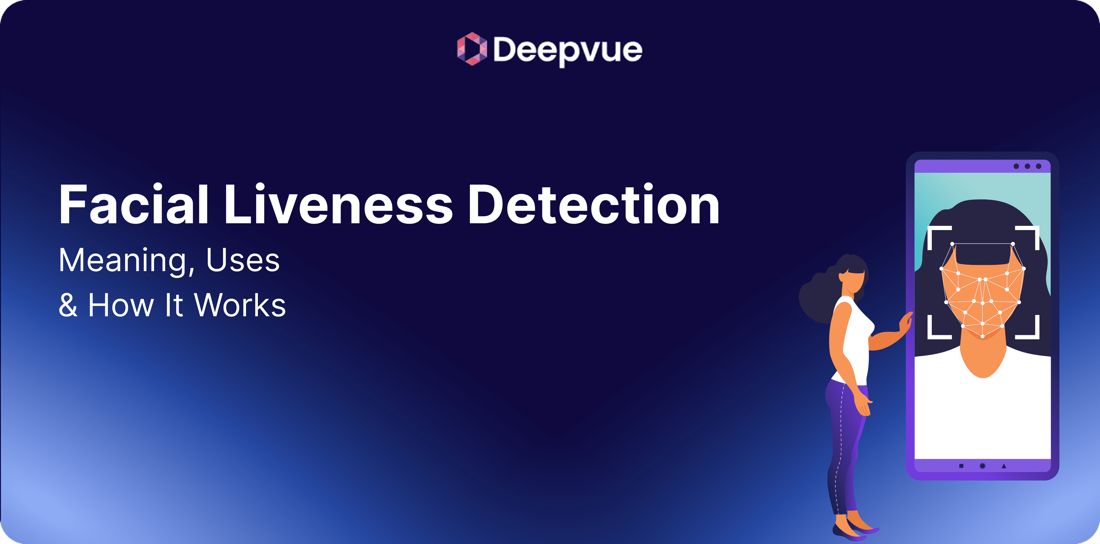 A woman uses a smartphone displaying facial liveness detection with geometric lines on a face; text explains the topic and purpose.