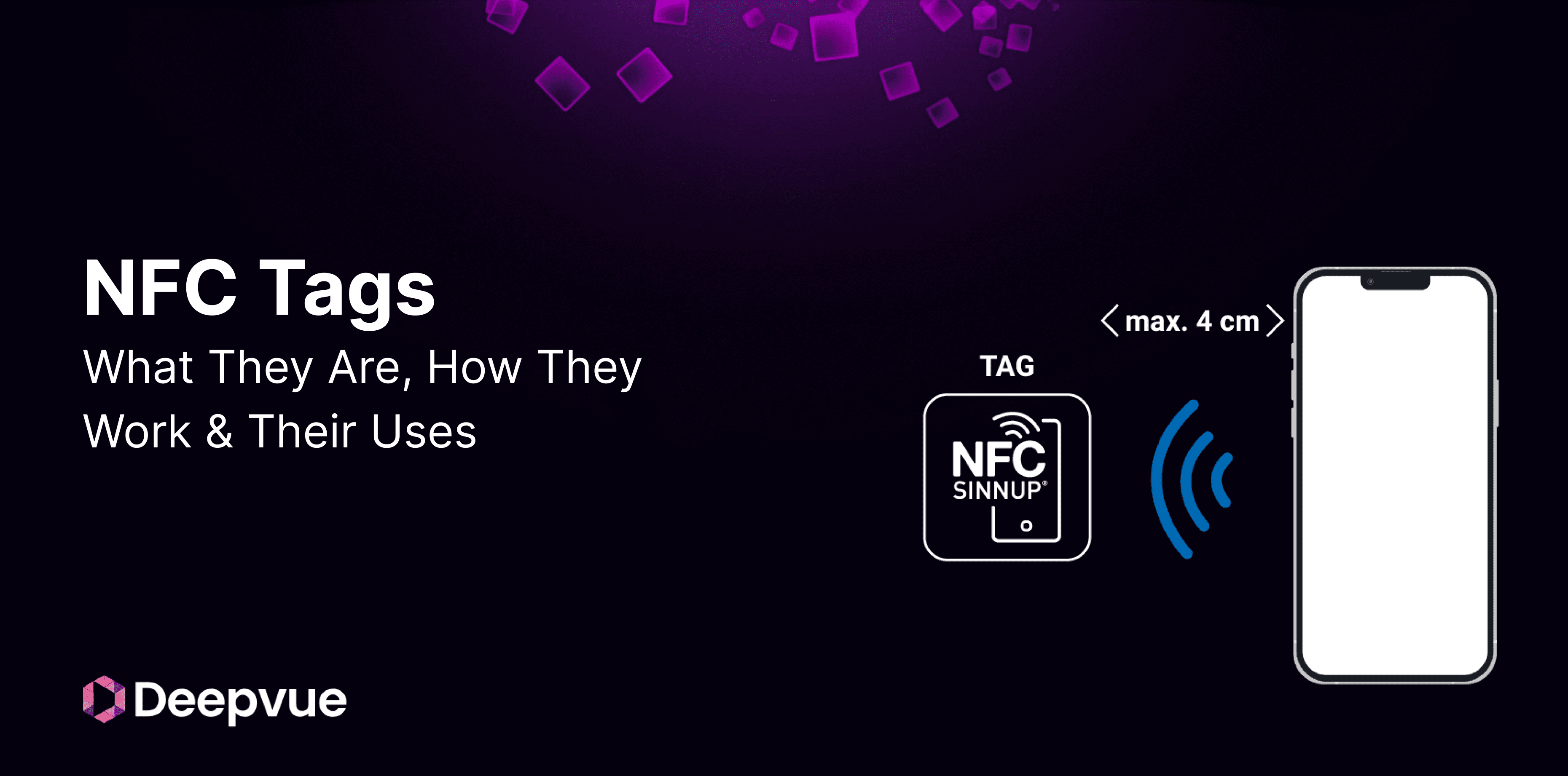 A graphic explaining NFC tags, their functions, and uses, with an illustration of a phone scanning an NFC tag from a distance of up to 4 cm on a black and purple background.