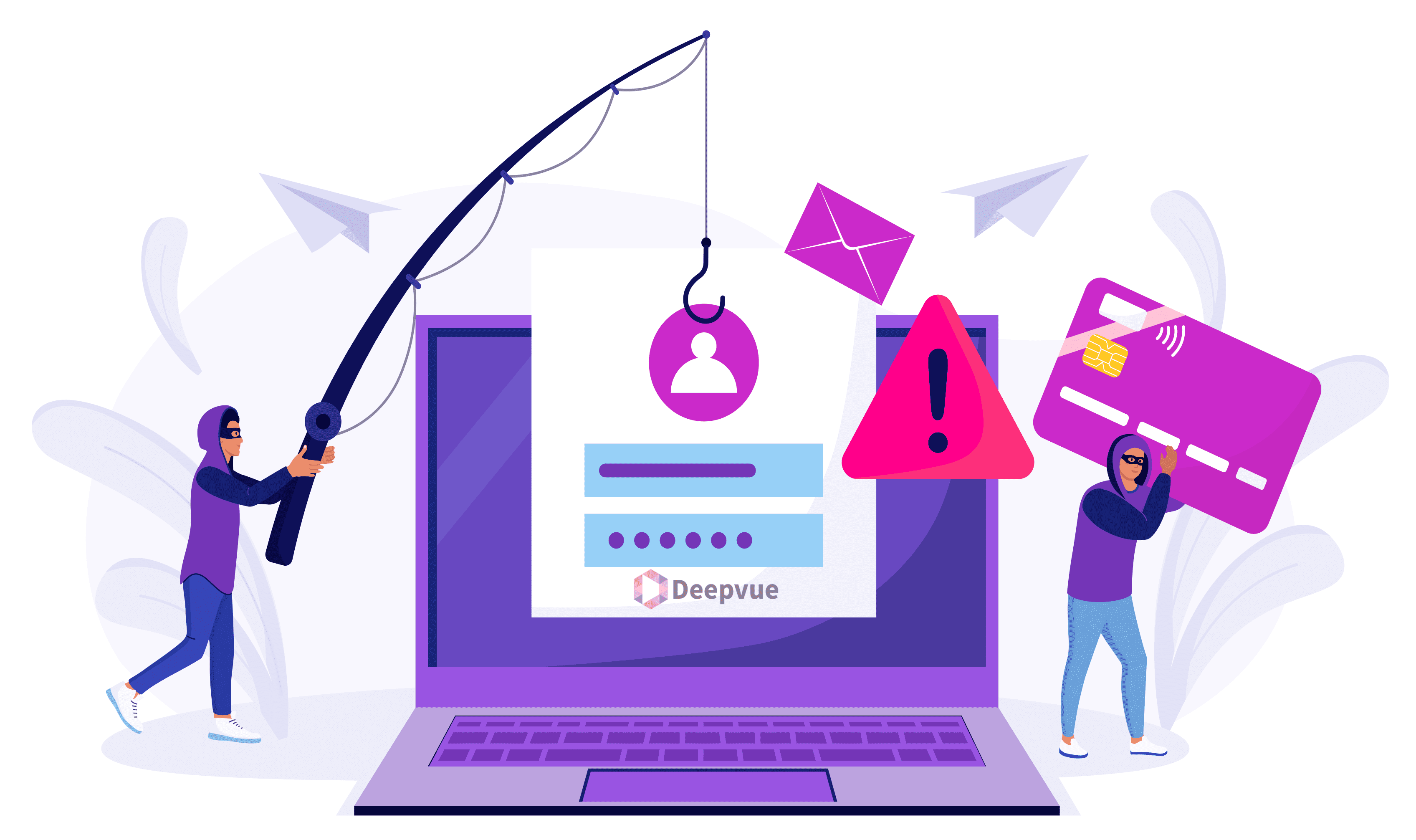 Illustration of a phishing attempt: a hacker with a fishing rod and login form, and another holding a credit card near a laptop displaying the "Deepvue" logo. This highlights the importance of preventing fraud, especially in banking sectors vulnerable to such threats.