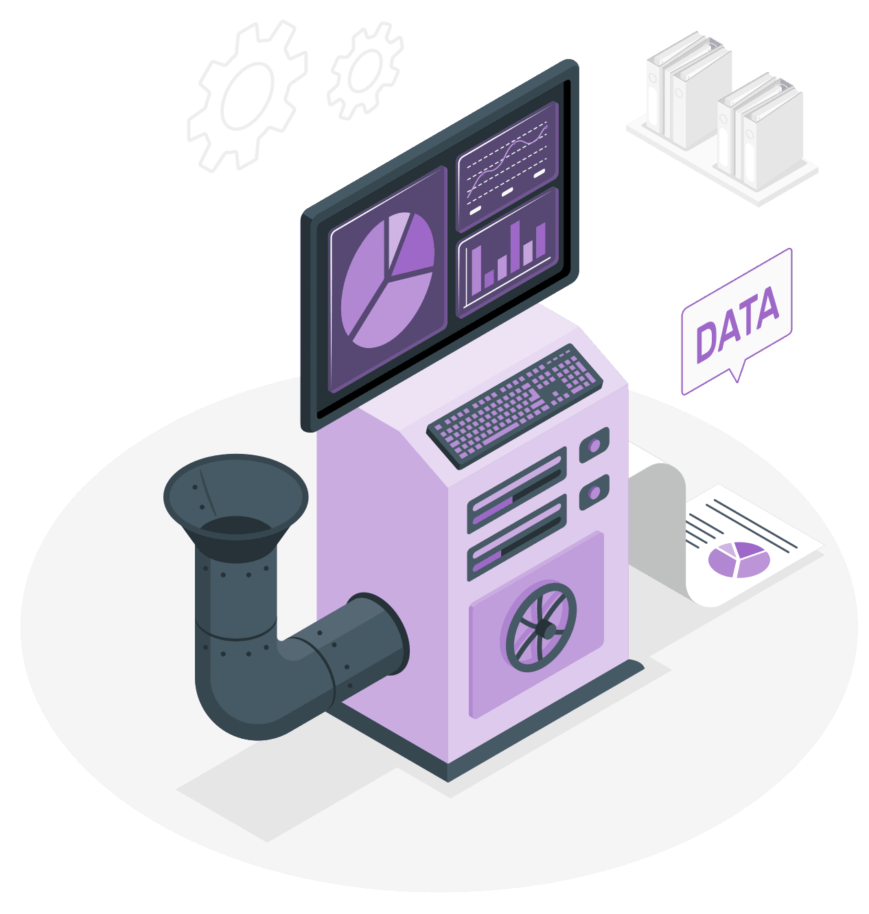 Illustration of a data processing machine with charts on a screen, a tubed input funnel, and data output on paper. Gears and servers are depicted in the background.