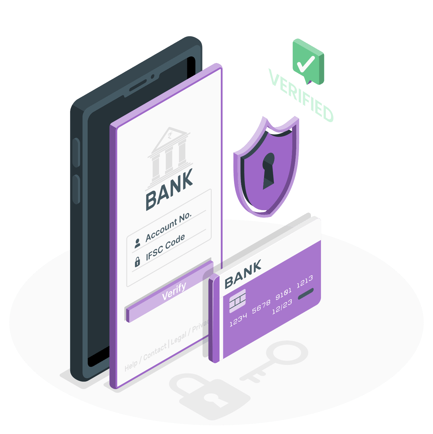 Bank verification concept illustration with a phone screen displaying account options, a shield icon, and a credit card. A green check mark and "Verified" label are shown.