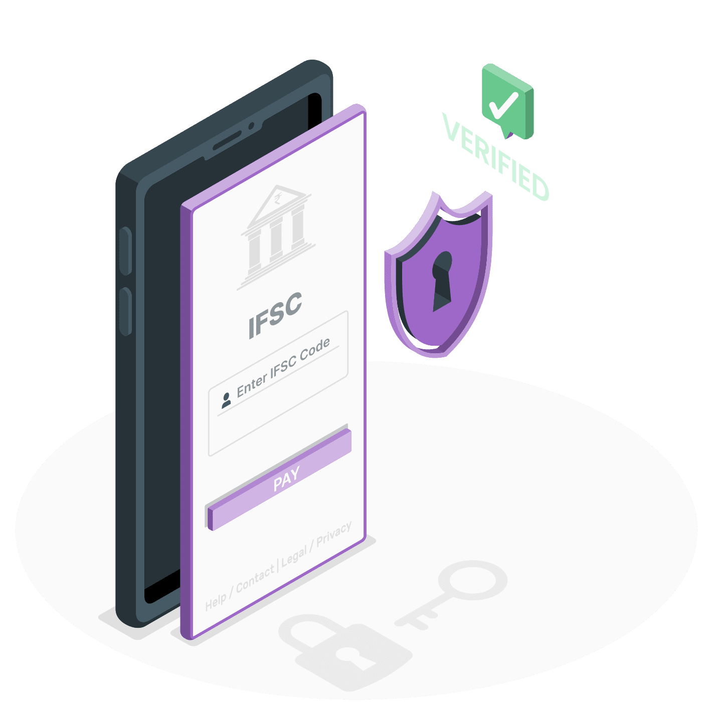 Illustration of a mobile payment app interface showing a field to enter IFSC code and a "PAY" button. A shield with a keyhole and a "VERIFIED" symbol are visible beside it.