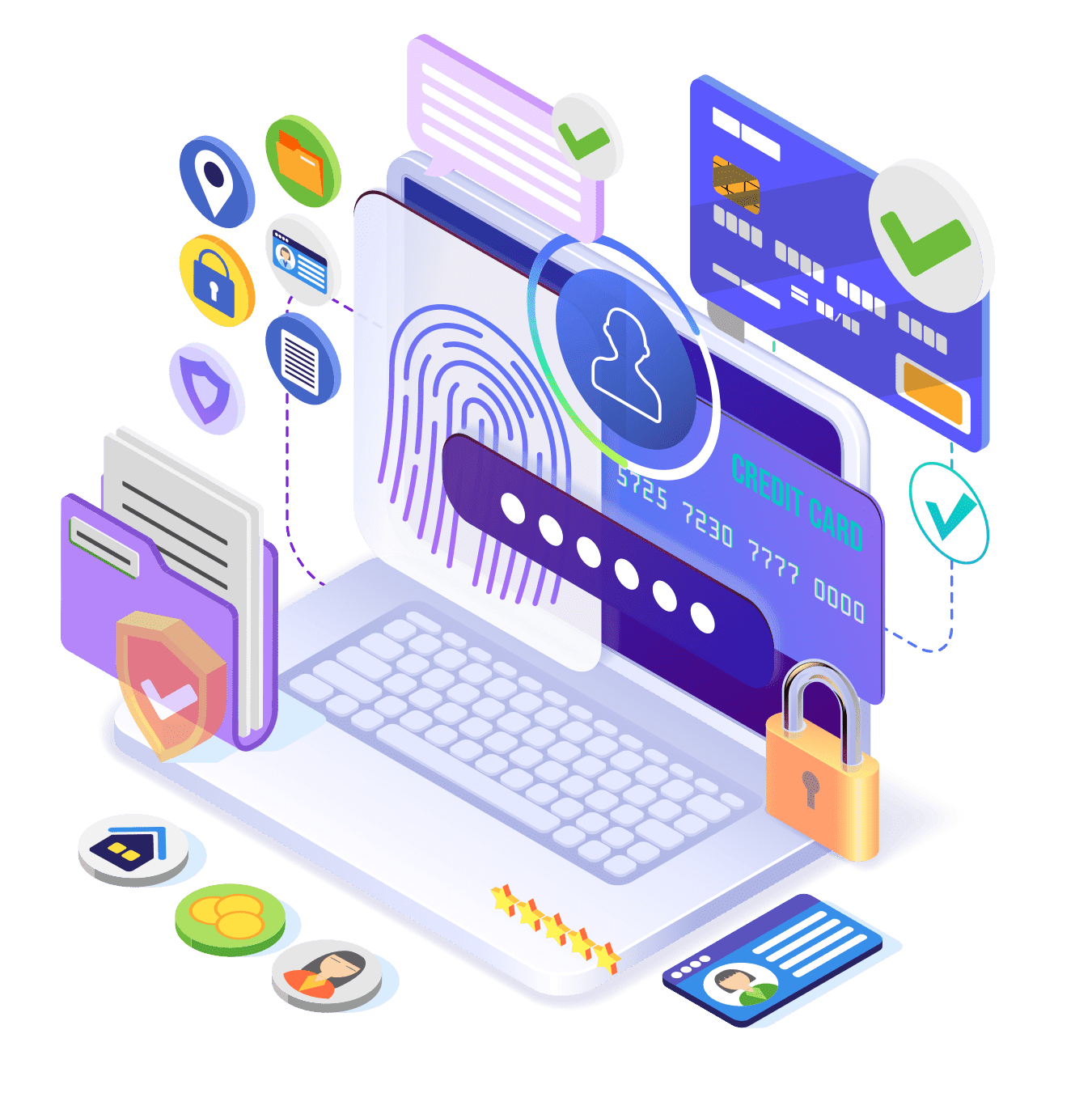 Illustration of a laptop with cybersecurity elements, including fingerprint scanning, credit card, lock icon, and cloud symbol, surrounded by files and security icons.