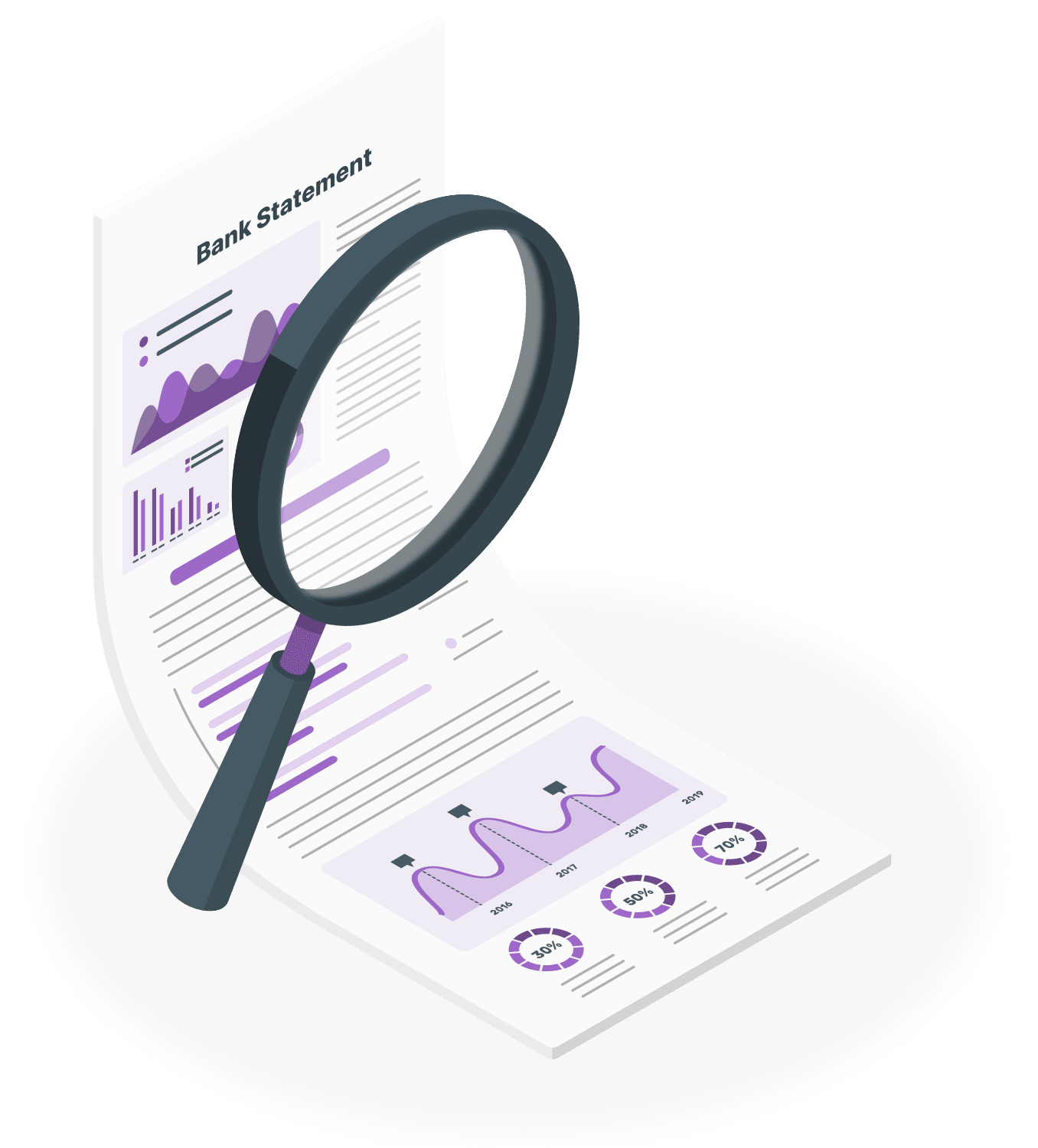 Illustration of a bank statement with graphs and charts, partially magnified by a large magnifying glass.