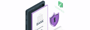 Illustration of a smartphone displaying a bank app, with a security shield and a "verified" checkmark.