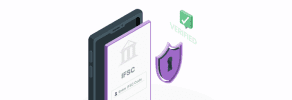 Illustration of a mobile device displaying an IFSC banking code, accompanied by a shield icon and a verified checkmark.