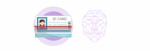 Illustration of an ID card being scanned, with a digital face recognition grid on the right.