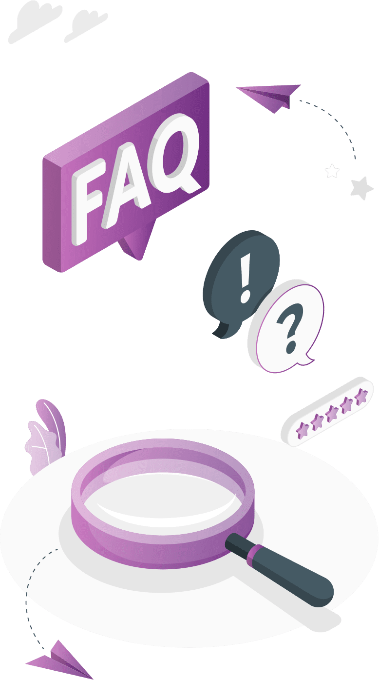 Illustration of a magnifying glass, speech bubbles with exclamation and question marks, a FAQ sign, origami planes, and a five-star rating.