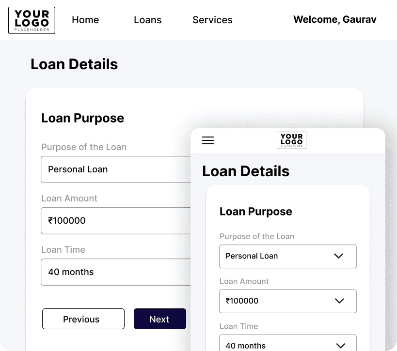 Website loan details page on desktop and mobile. Options for loan type, amount set to ₹100000, and loan time set to 40 months. Navigation buttons labeled "Previous" and "Next.