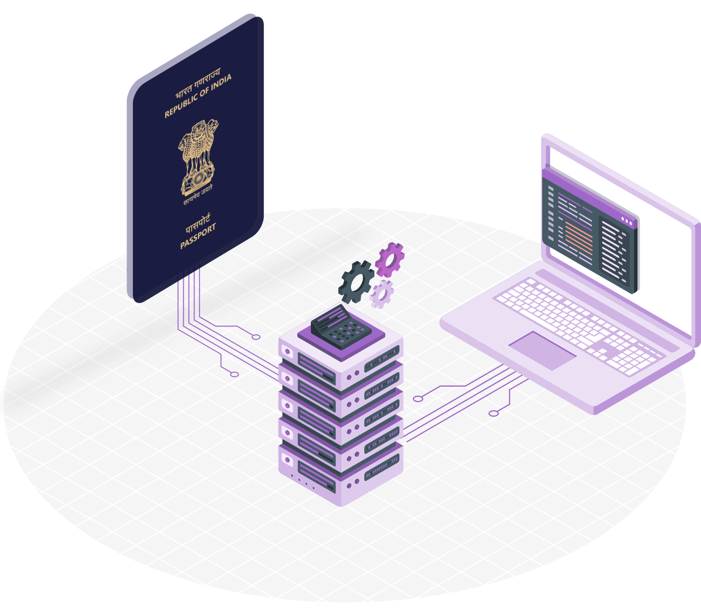 Illustration of a digital passport system with a passport, server stack, and laptop interconnected by lines, symbolizing data exchange.
