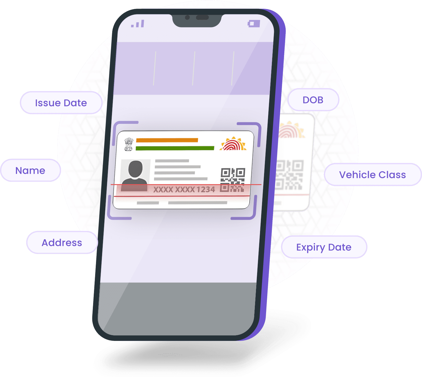 A smartphone displaying a driver's license scanning app with labeled fields: issue date, name, address, DOB, vehicle class, and expiry date.