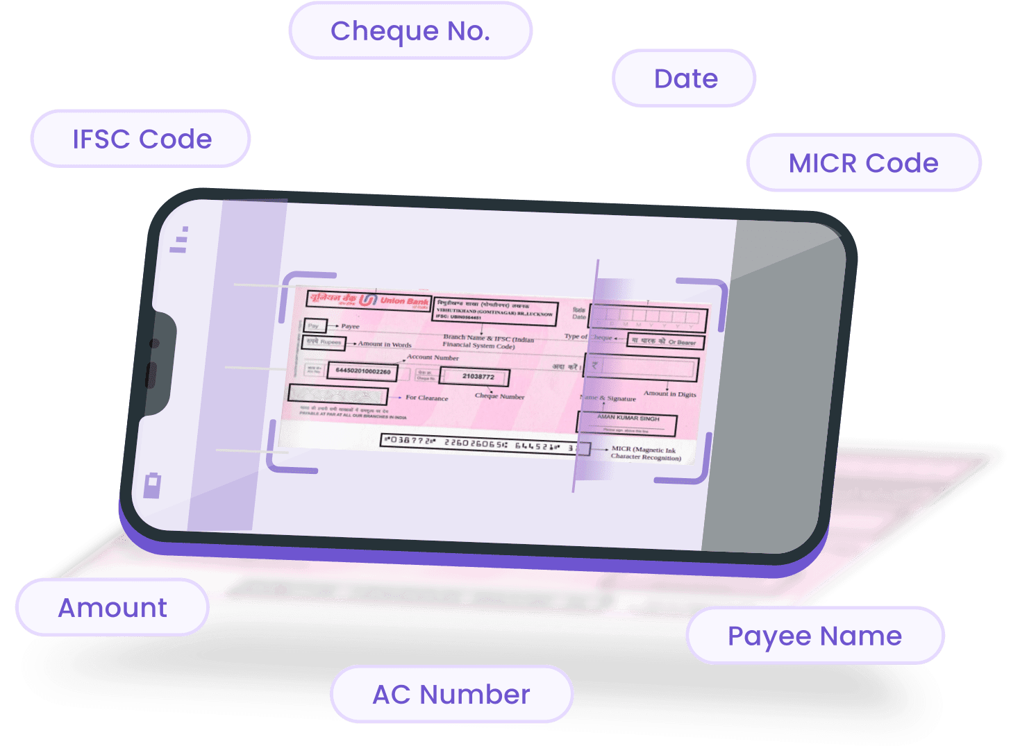 Mobile screen showing a digital cheque with labels: Cheque No., Date, IFSC Code, MICR Code, Amount, Payee Name, AC Number.