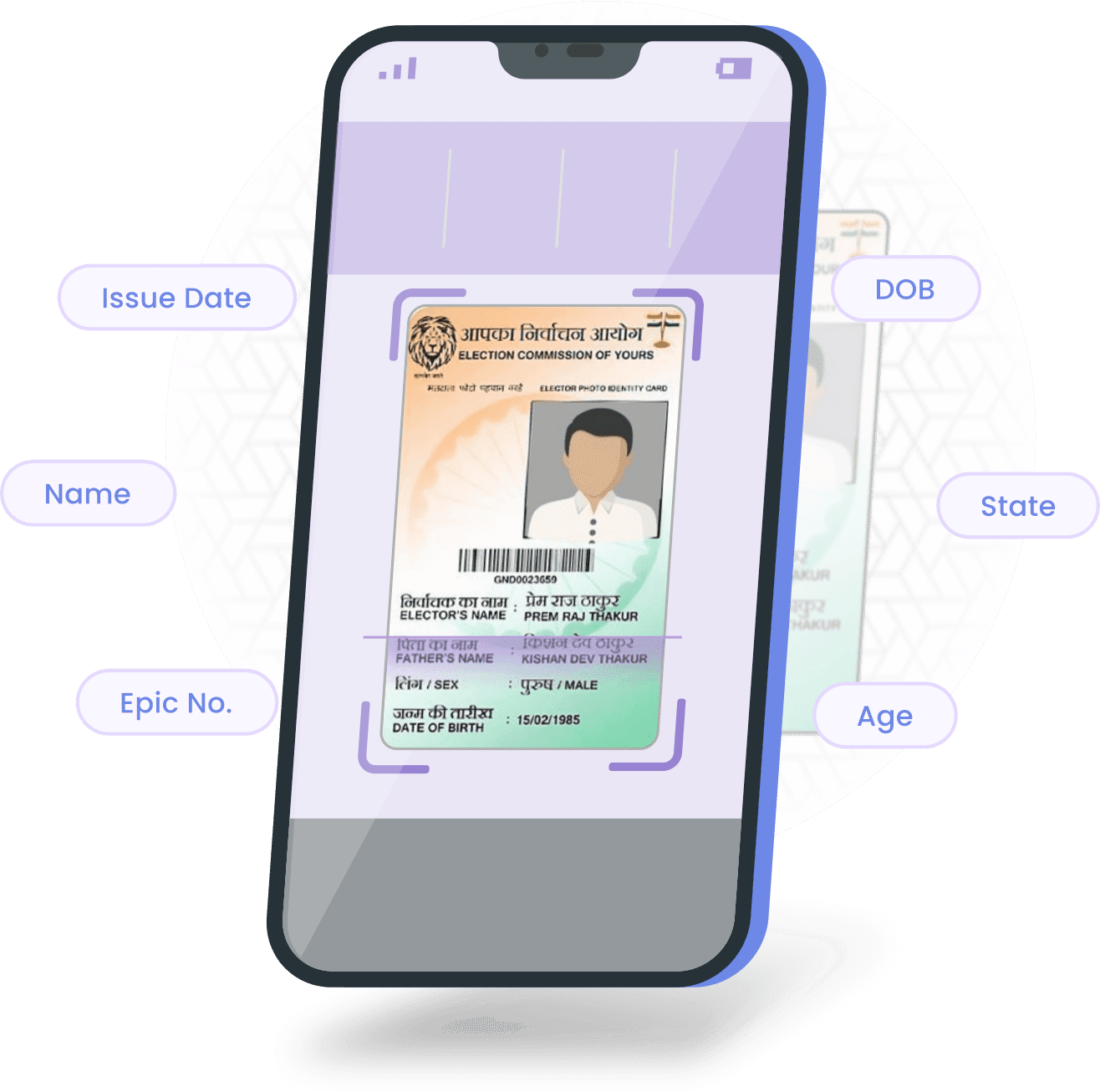 Illustration of an Indian voter ID card displayed on a smartphone screen, highlighting sections like Issue Date, Name, Epic No., DOB, State, and Age.