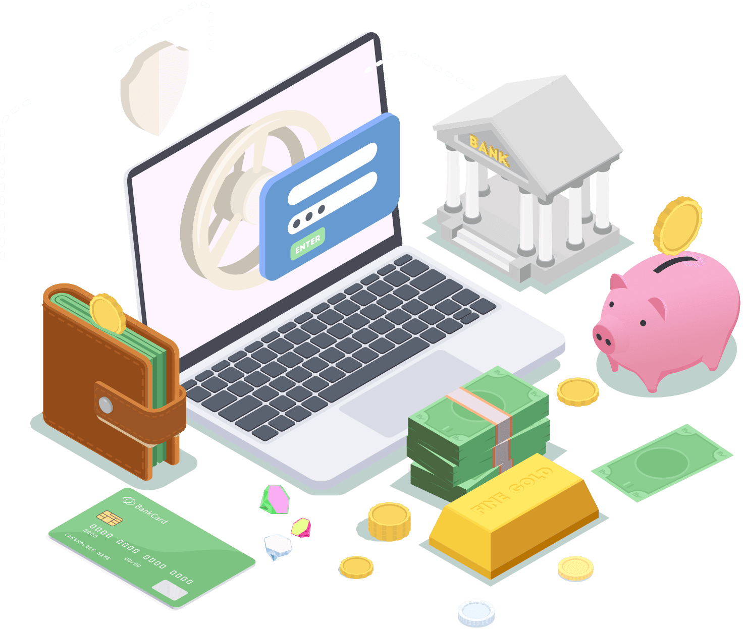 Isometric illustration of online banking: laptop, bank building, piggy bank, wallet, credit card, cash, gold bars, coins, and protective shield icon.