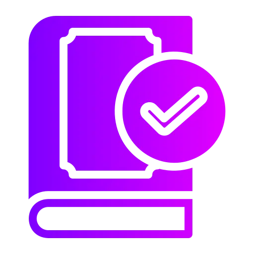 A two-tone purple icon of a book with a check mark on the cover.