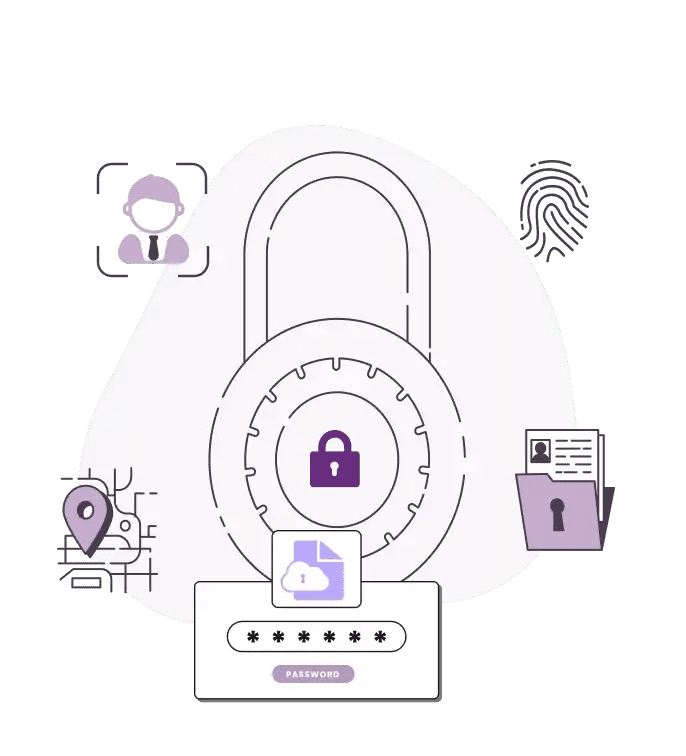 Stylized padlock graphic with security icons: fingerprint, ID card, GPS, face recognition, folder, cloud, and password.