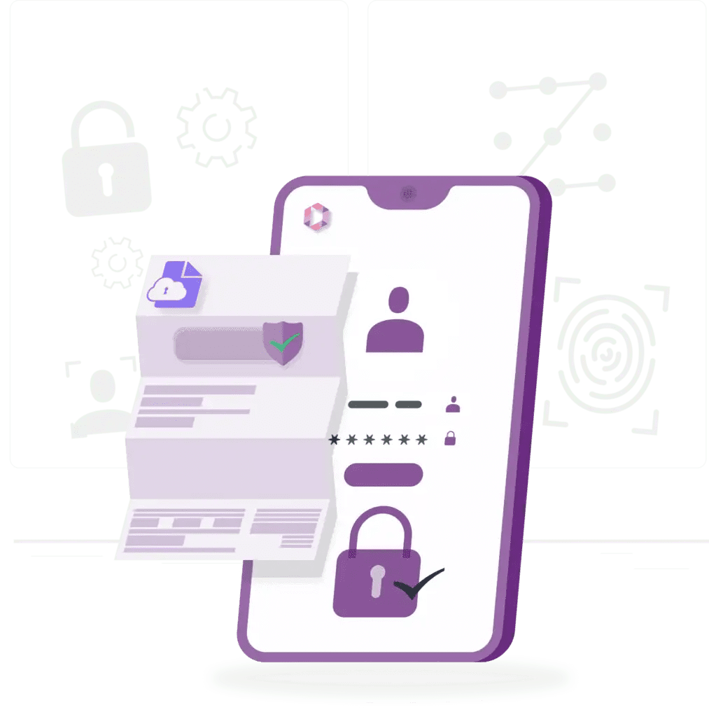 A smartphone screen displays a login interface with security icons, including a lock, fingerprint, and document, emphasizing cybersecurity and authentication.