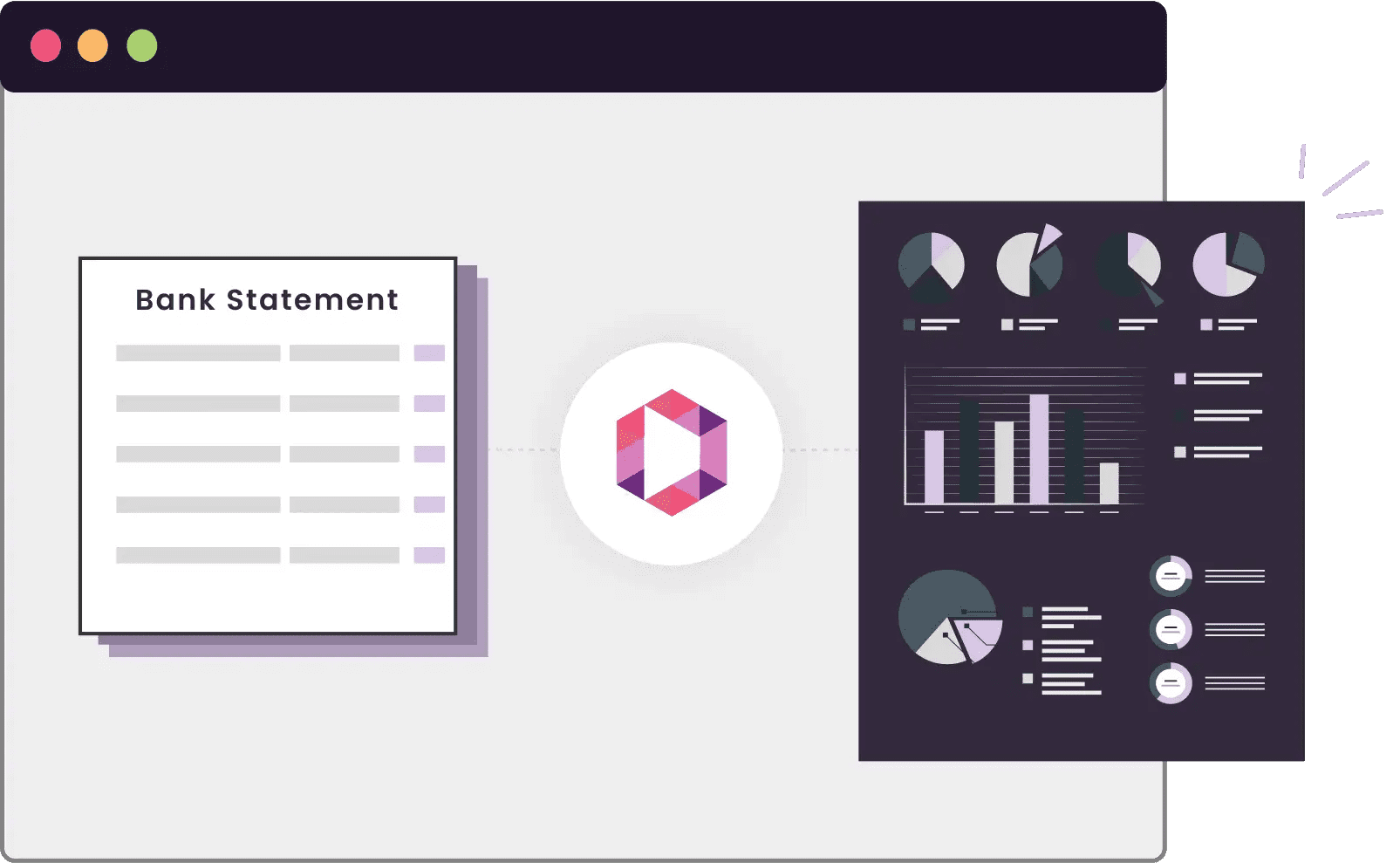 Illustration of a bank statement on the left, a geometric logo in the center, and various charts and graphs on a black background to the right.