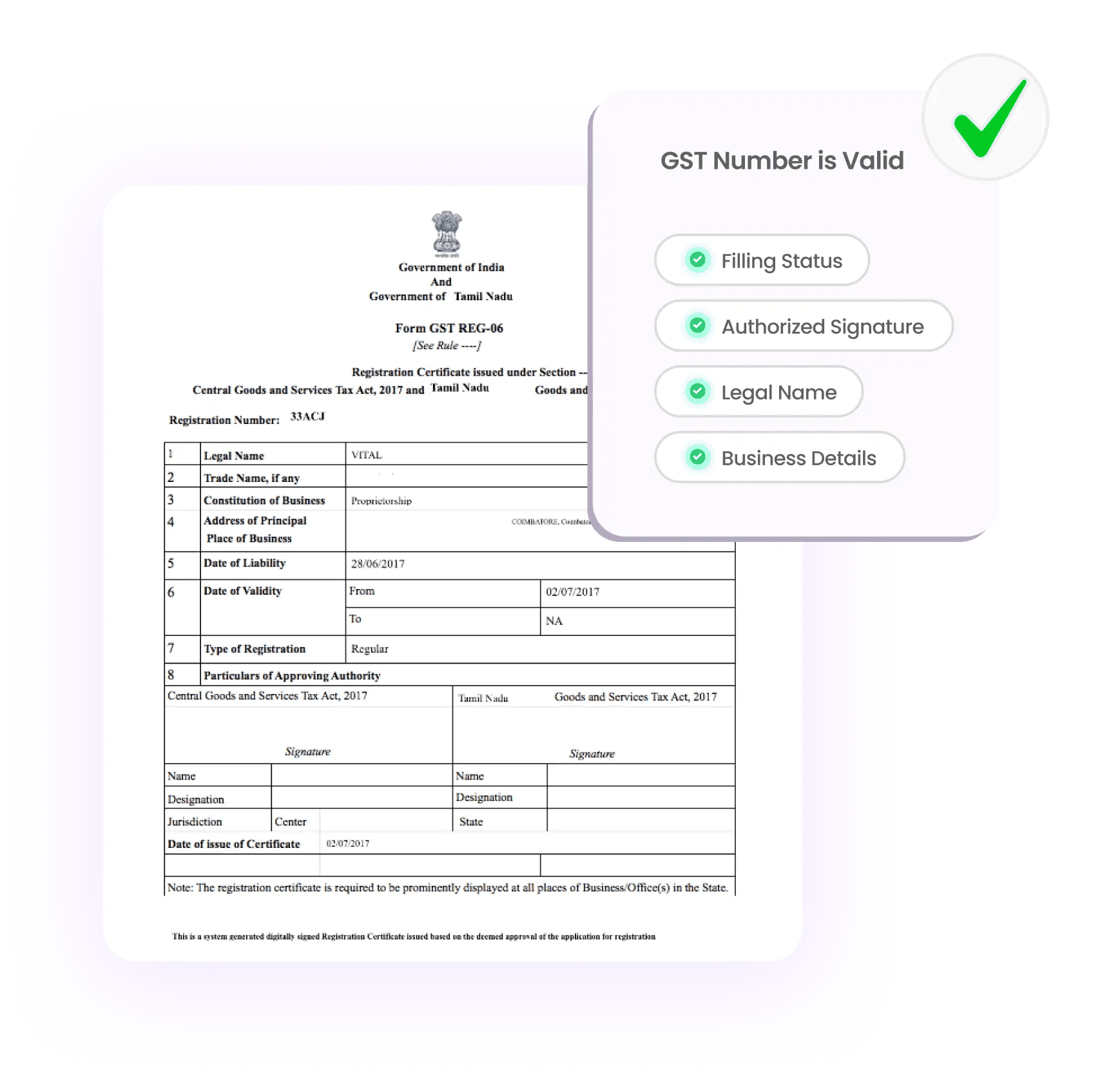 A GST registration certificate from the Government of Tamil Nadu is displayed with a validation checklist indicating the GST number is valid.