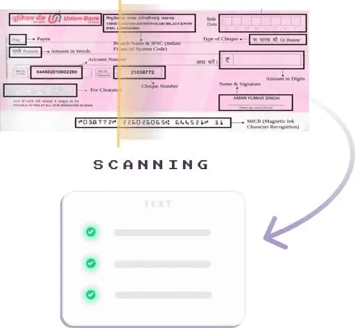 An image showing a check being scanned and verified with green check marks next to the extracted text details.