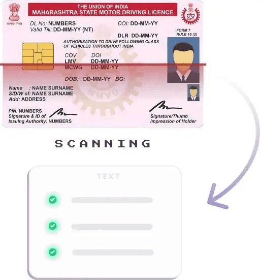 Illustration showing a sample Indian driving license from Maharashtra above a digital scanning process with three green checkmarks, indicating successful scanning of the card's information.