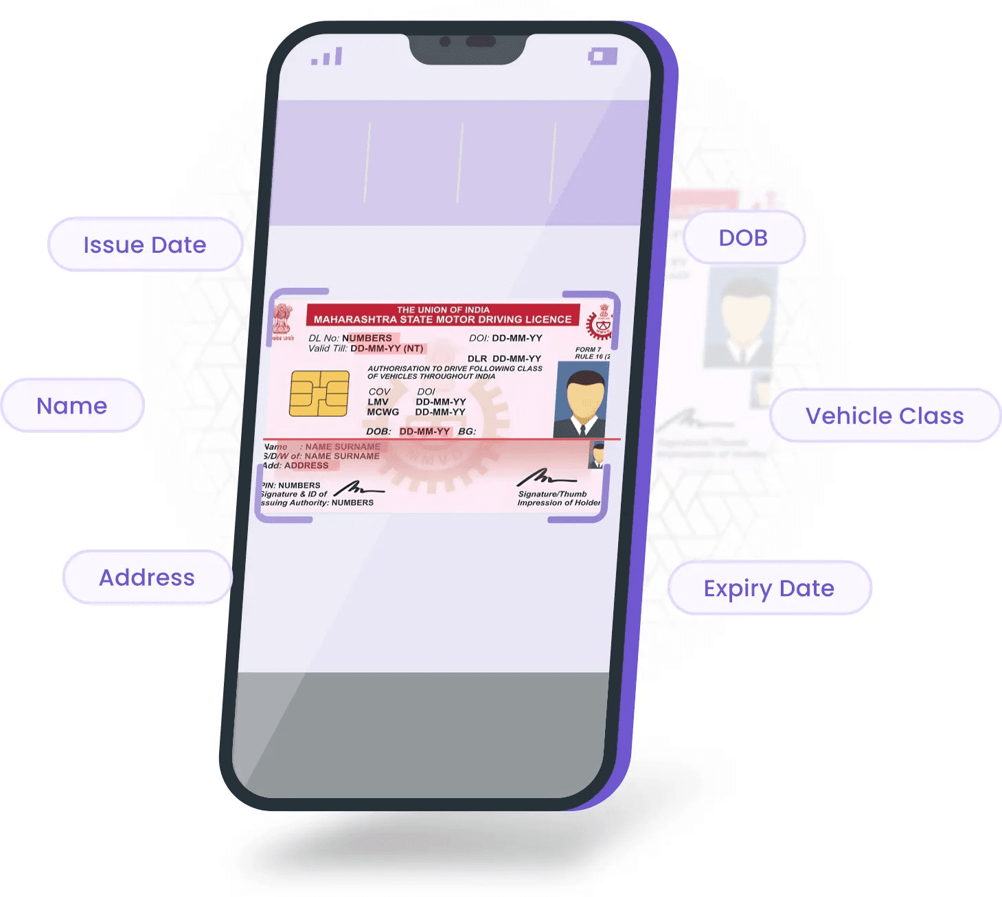 Illustration of a smartphone displaying a digital image of a Maharashtra state driving licence with labeled sections: Name, Address, Issue Date, DOB, Vehicle Class, and Expiry Date.