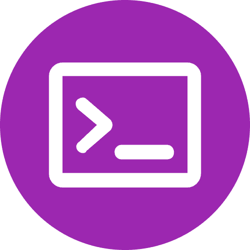 Icon of a computer terminal with a command prompt symbol, featuring a right-pointing arrow and a horizontal line, within a white rectangle on a purple circular background.