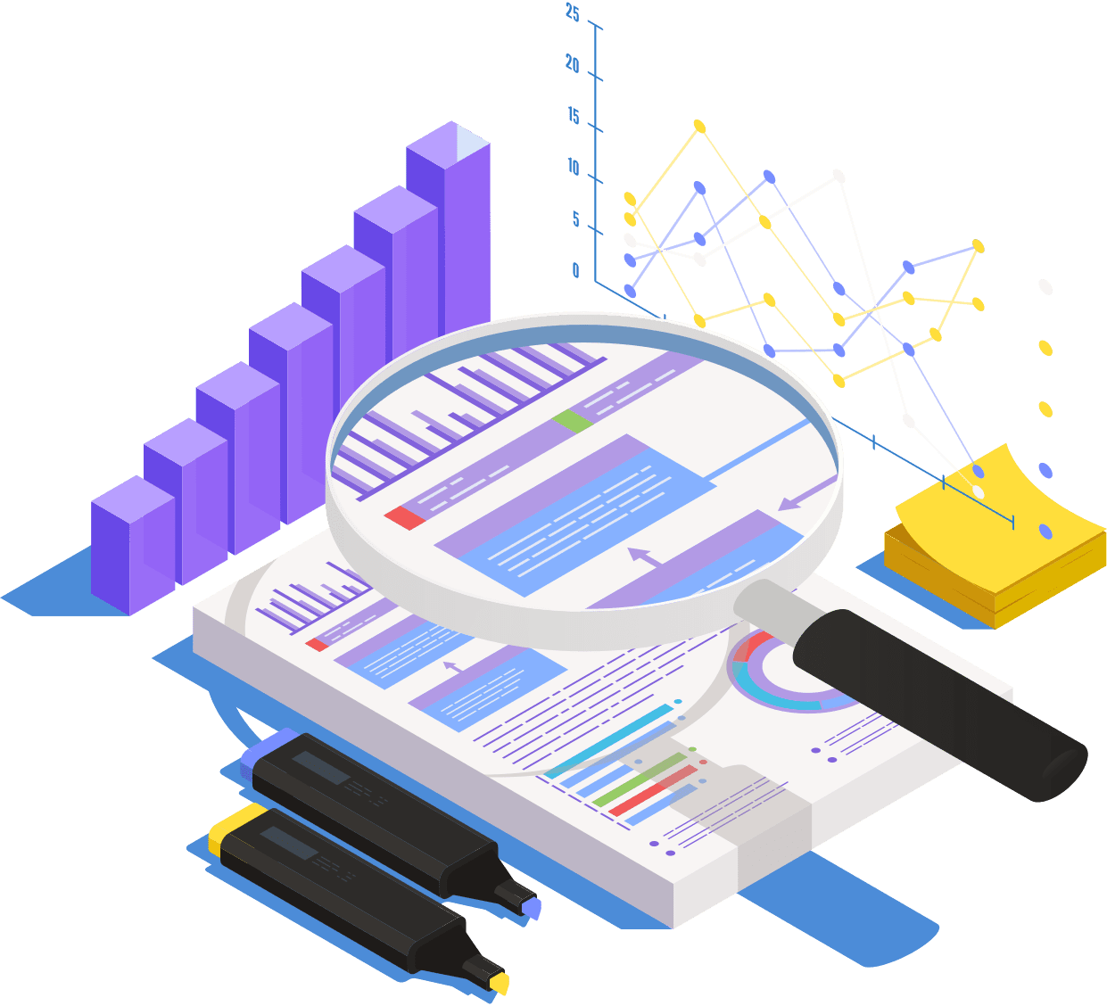 Isometric illustration of data analysis featuring charts, graphs, and a magnifying glass over documents, with highlighters and sticky notes nearby.