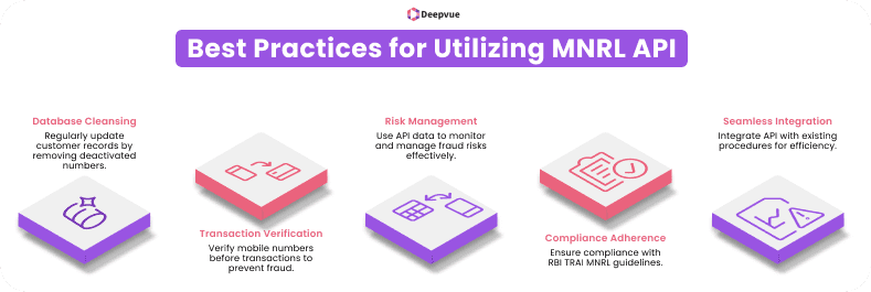 Infographic titled "Comprehensive Guide: Best Practices for Utilizing MNRL API" highlights four key practices: Database Cleansing, Transaction Verification, Risk Management, and Compliance Adherence.