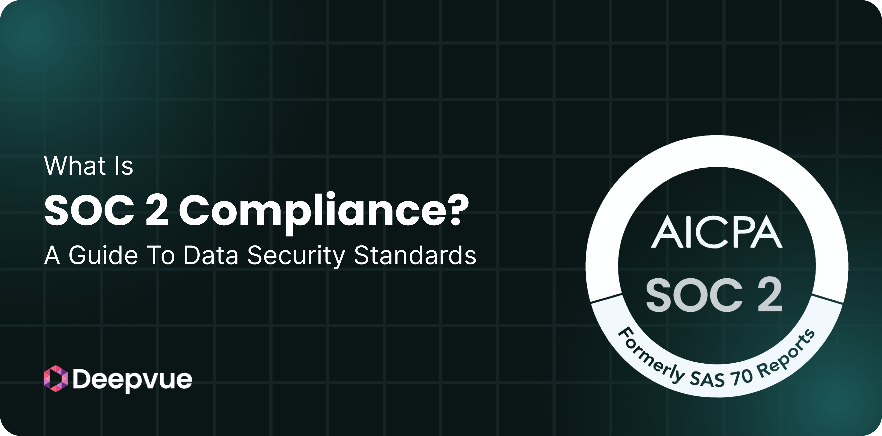 A graphic explaining SOC 2 compliance with text: "What is SOC 2 Compliance? A Guide to Data Security Standards." Includes AICPA SOC 2 seal and Deepvue logo.