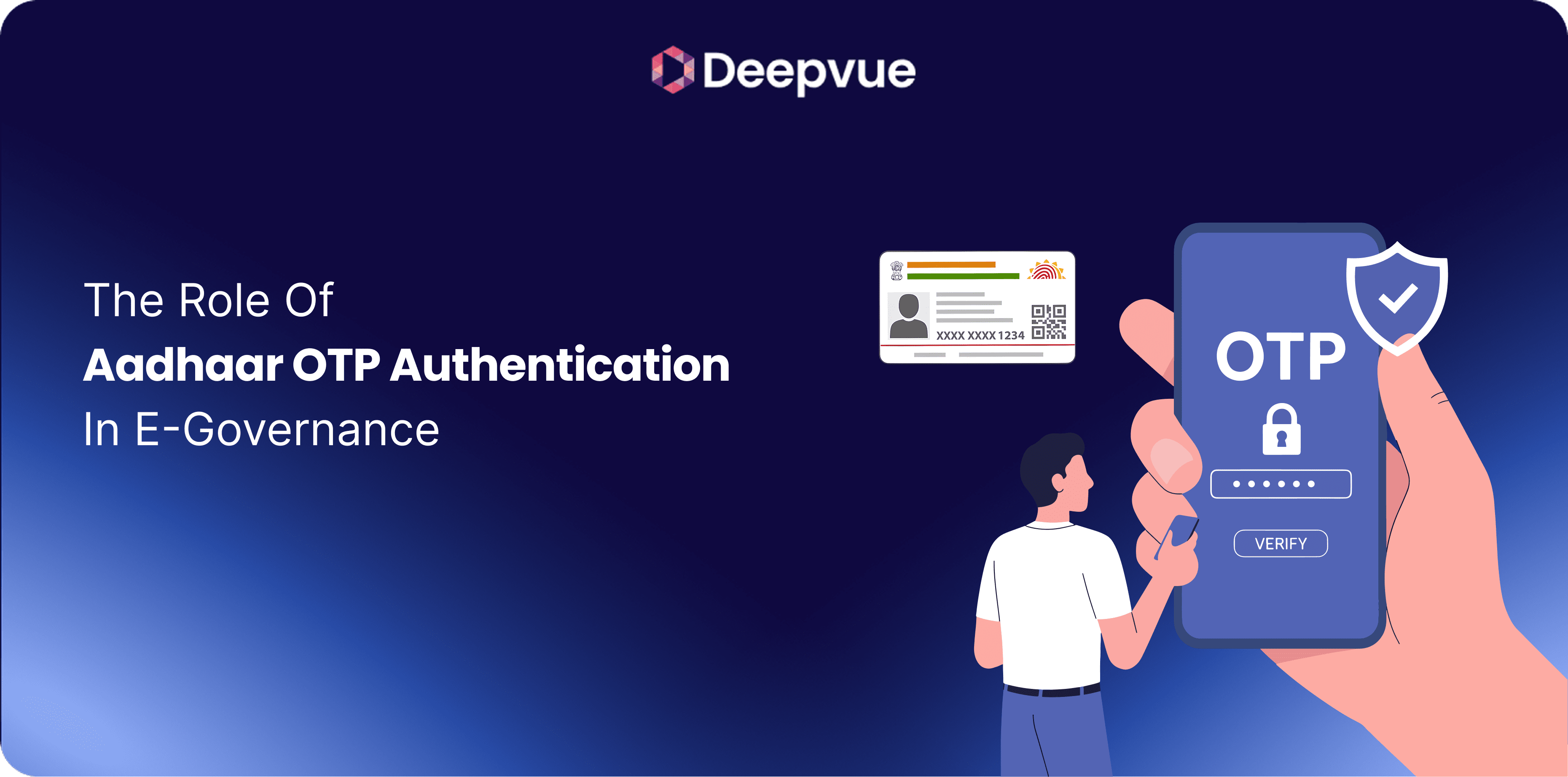 Illustration showing a person holding a phone with an OTP screen, an Aadhaar card, and text about Aadhaar OTP authentication in e-governance, with the Deepvue logo at the top.