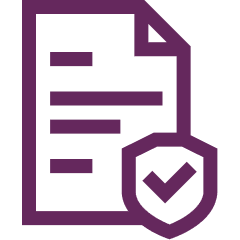 Icon of a document with lines of text and a shield featuring a checkmark, depicted in purple.