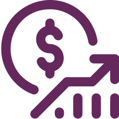 Purple icon showing a dollar sign with an upward trending arrow and bar chart, representing financial growth or increasing profits.