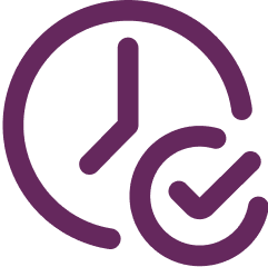 Purple outline of a clock with a checkmark in a circle overlapping the bottom right, symbolizing time management or schedule completion.