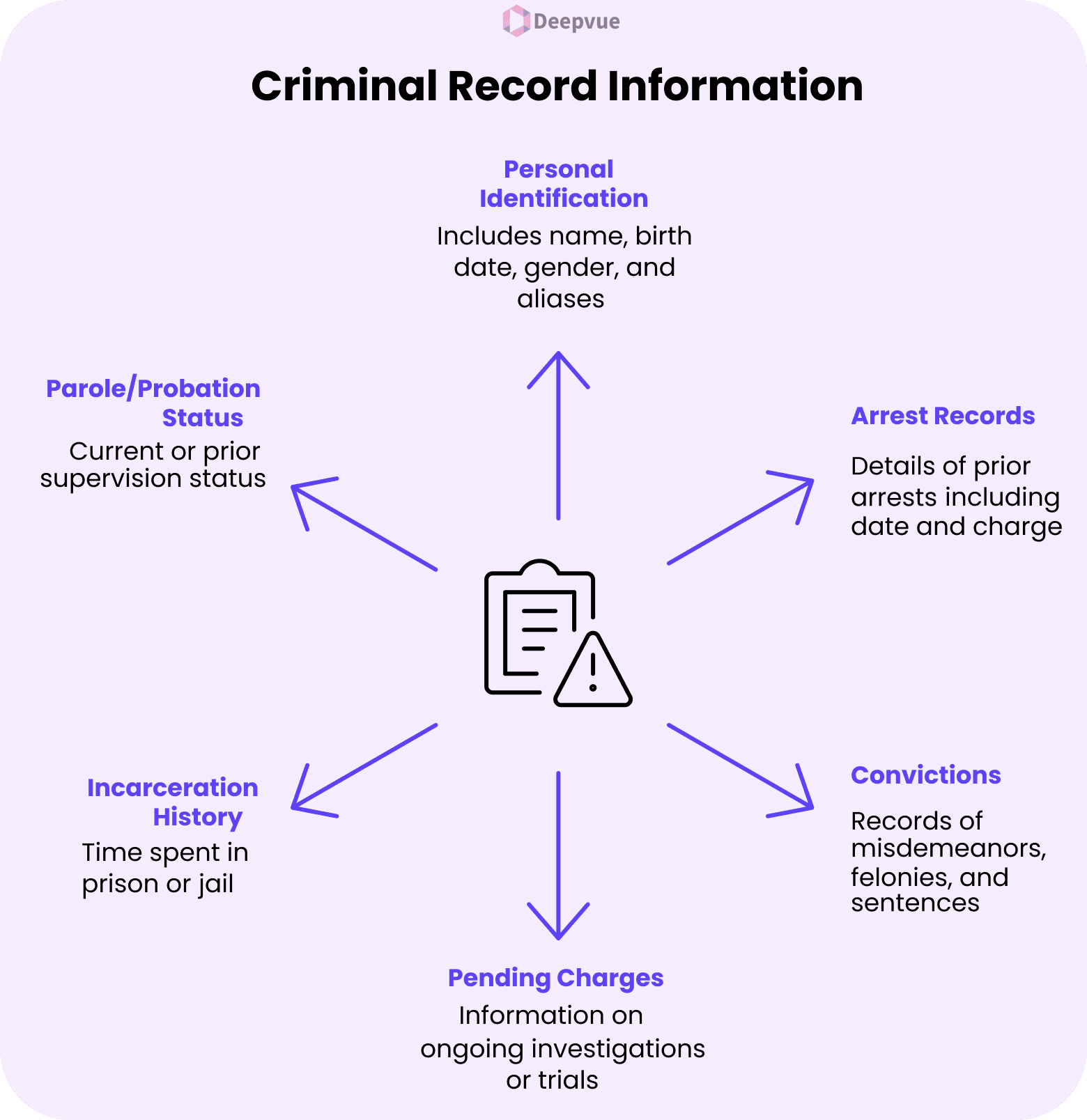 Infographic guide to criminal record checks: discover online the types of information reported, including personal identification, arrest records, convictions, pending charges, incarceration history, and parole/probation status.