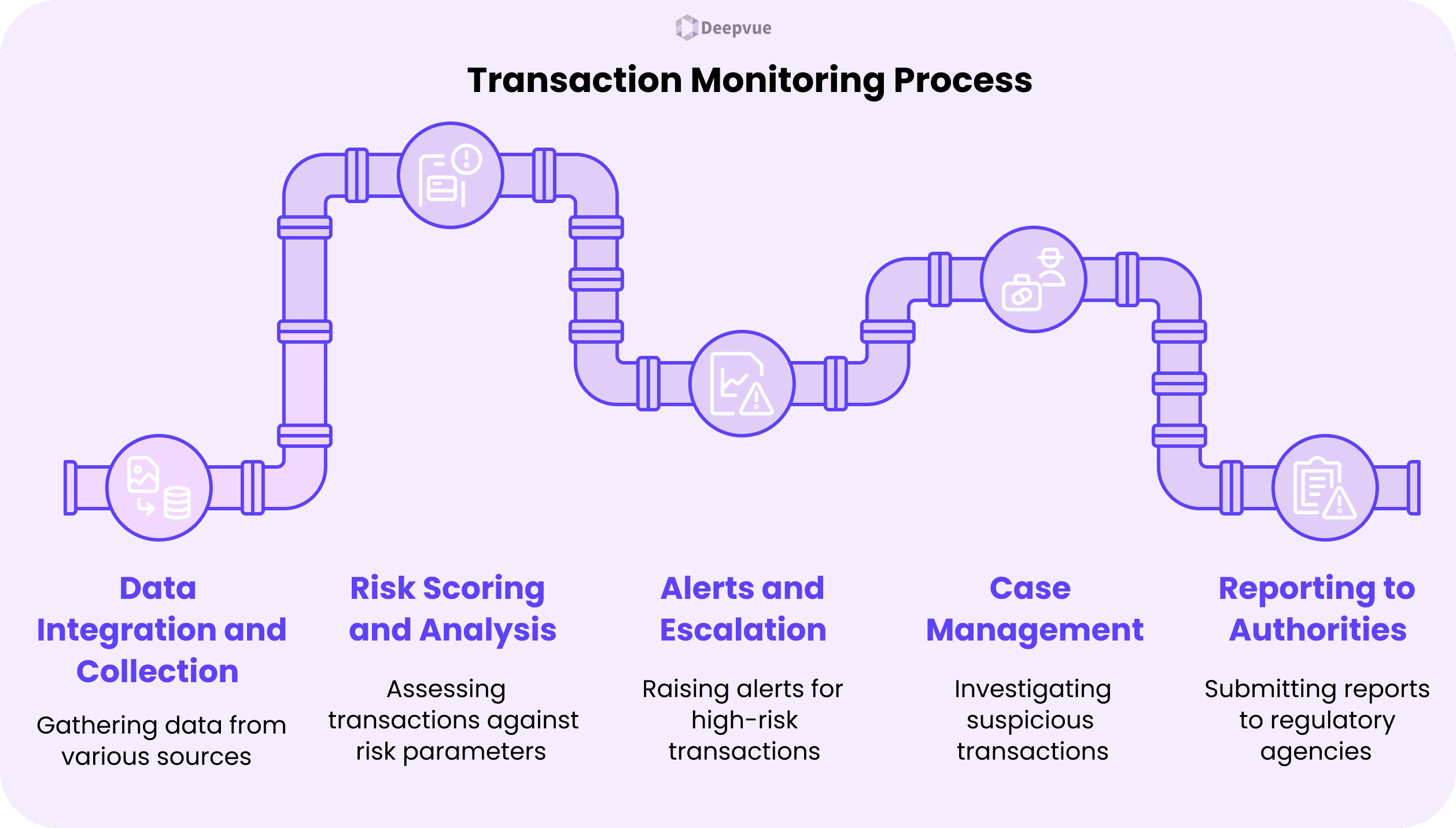 A diagram illustrates the Anti-Money Laundering transaction monitoring process: data integration, risk scoring, alerts, case management, and reporting to authorities—each stage represented along a pipeline.