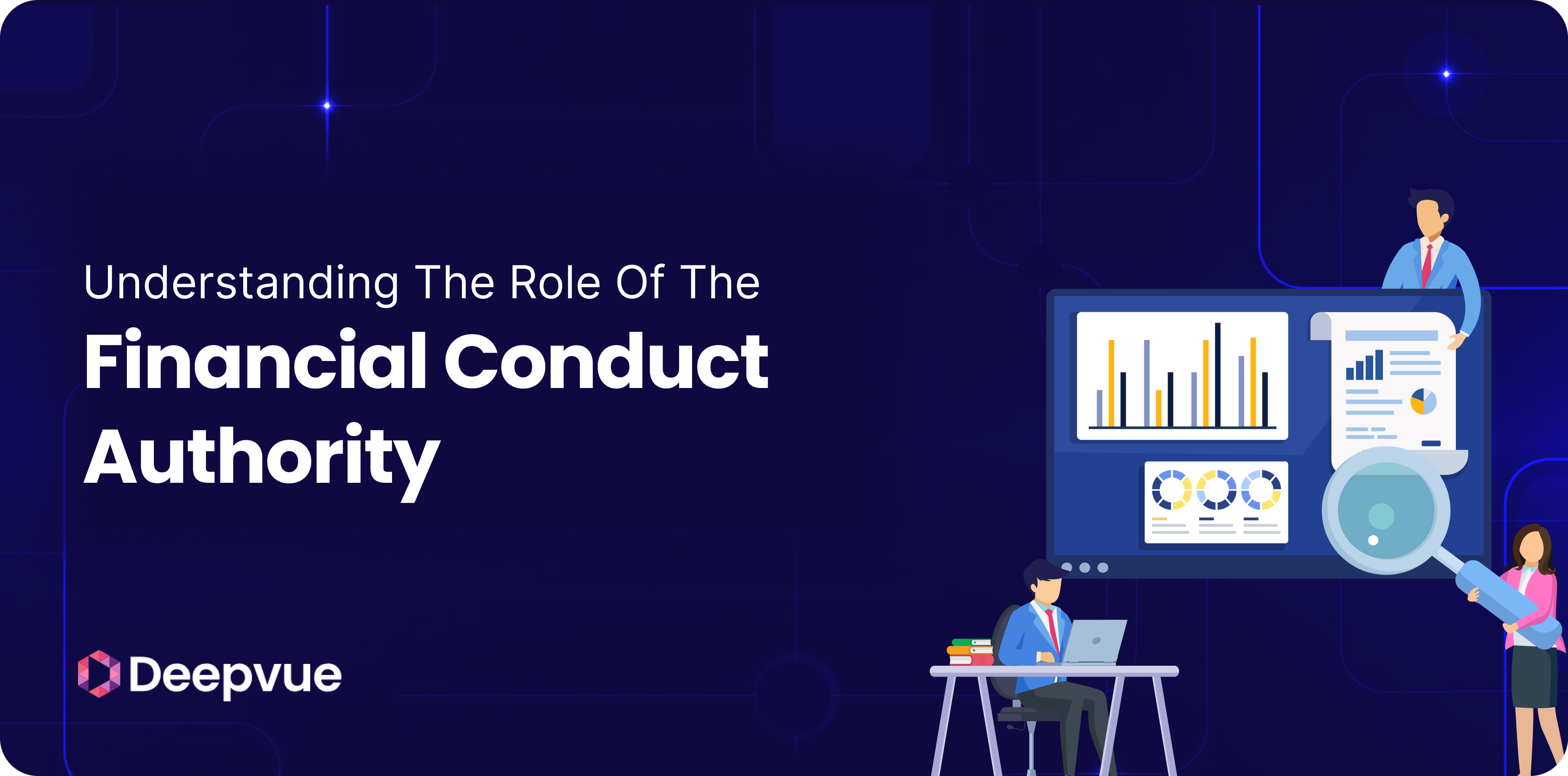 A presentation slide titled "Understanding The Role Of The Financial Conduct Authority" with illustrations of people analyzing financial charts.